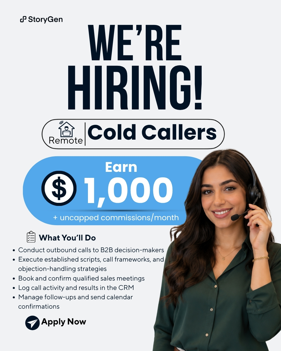 StoryGen Facebook ad: Tired of doing cold calls every day for low pay?
