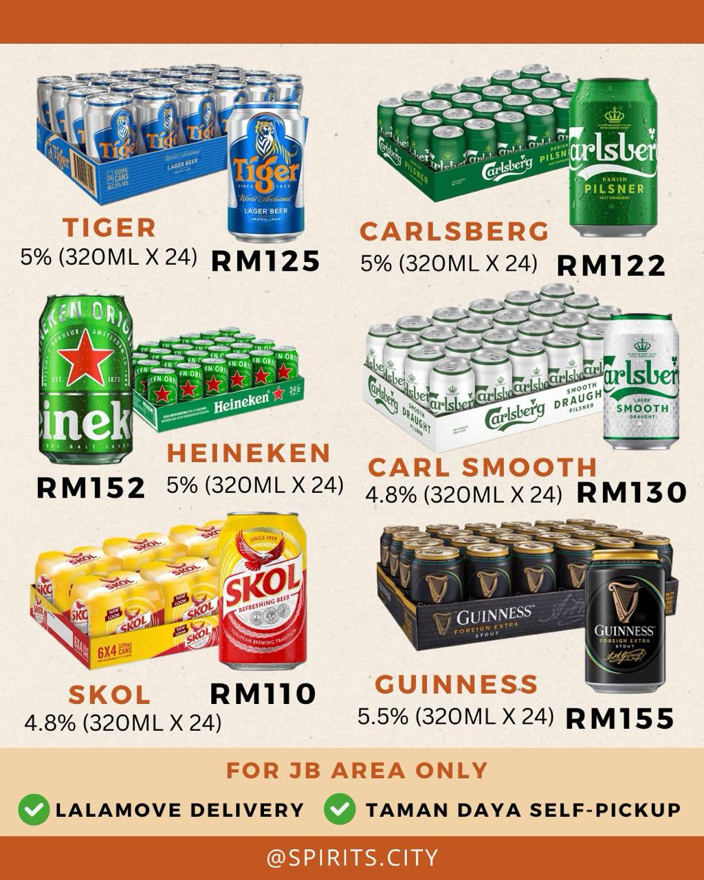 Spirits.city Facebook ad: 重磅啤酒优惠来啦 新山区5箱以上 免费送到你家门口!1箱也能买