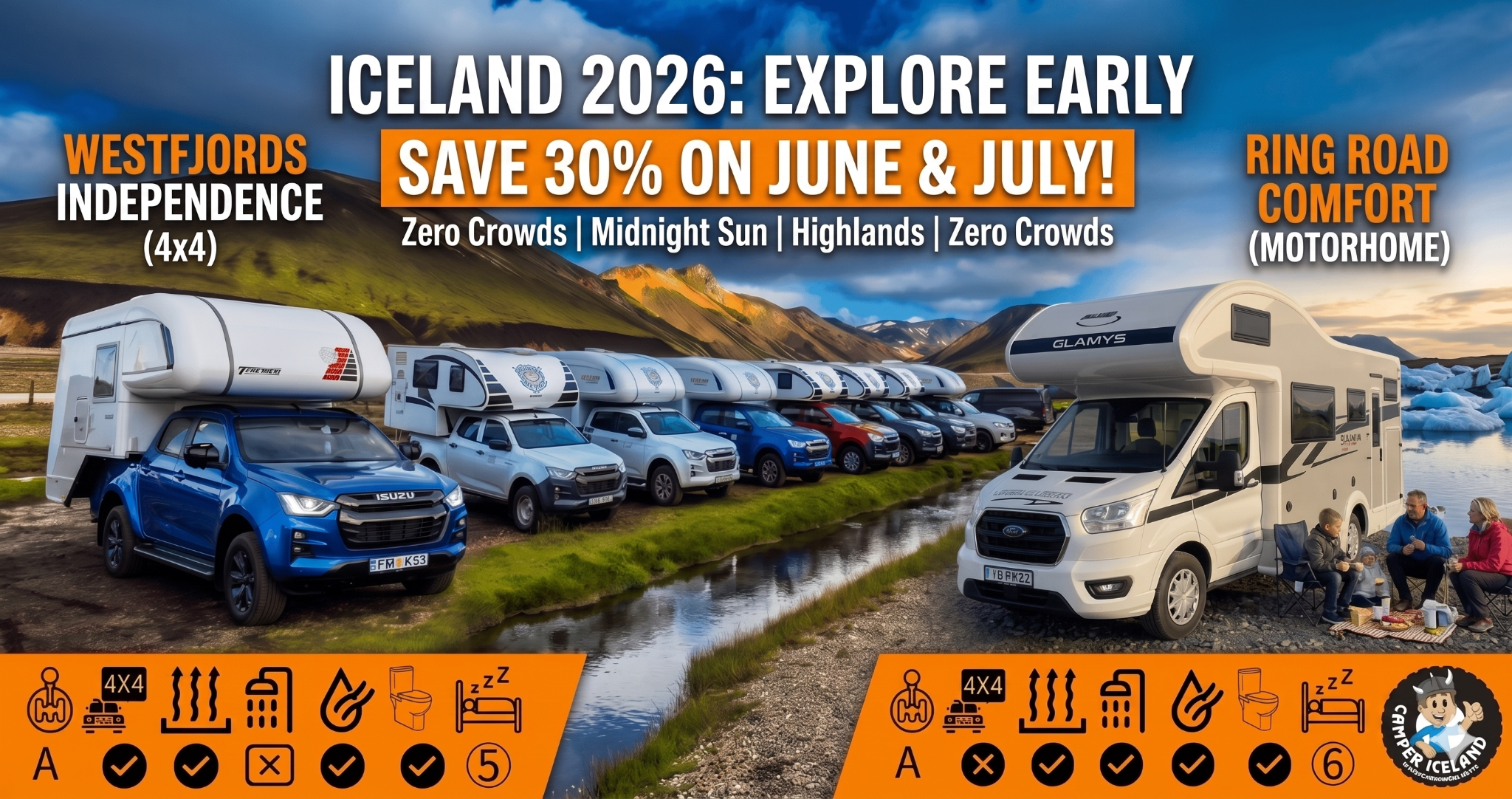 Camper Iceland Facebook ad: Iceland Before the Rush: Save 30% in June & July
