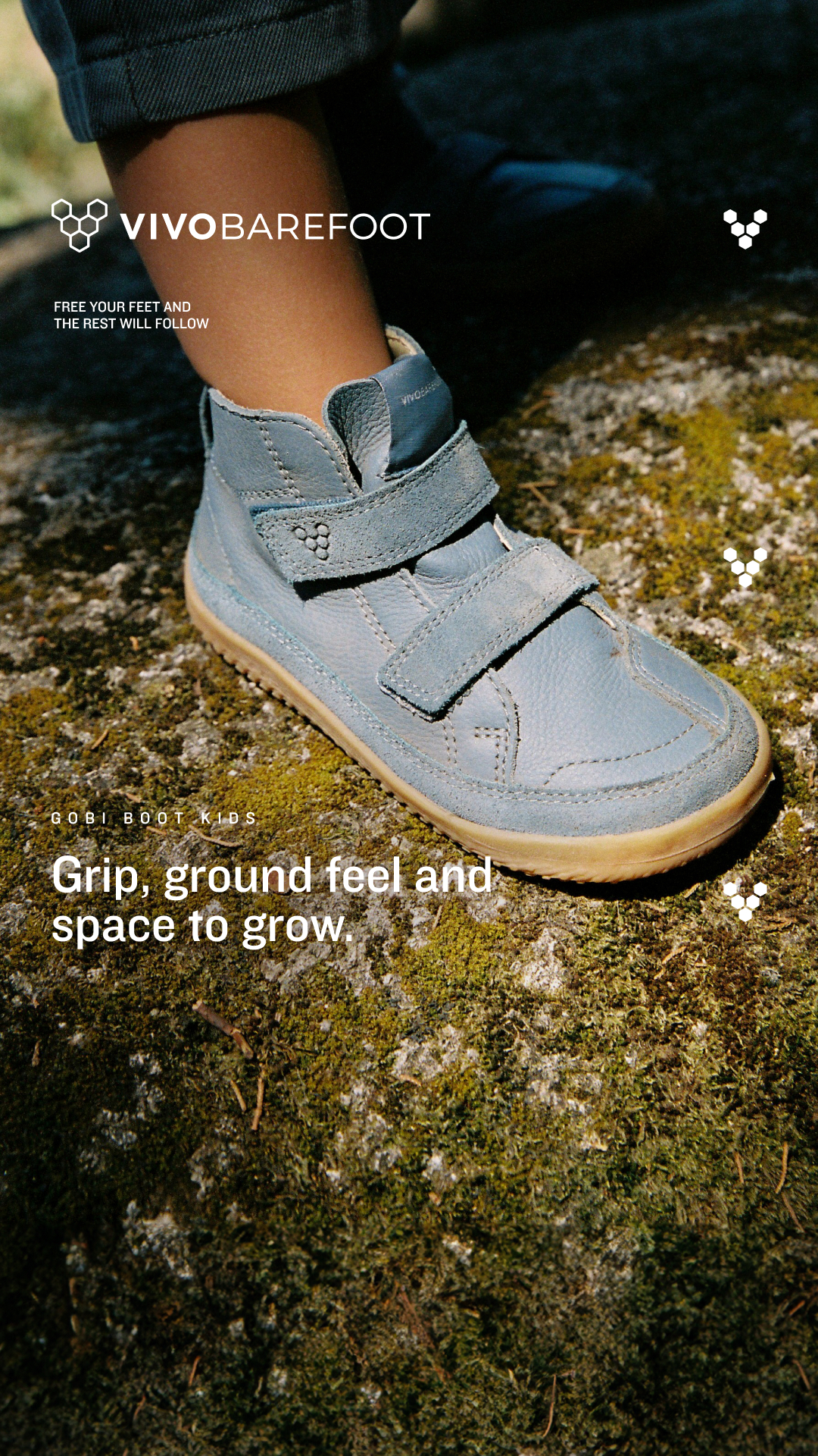 Vivobarefoot Facebook ad: Grip, ground feel and space to grow.