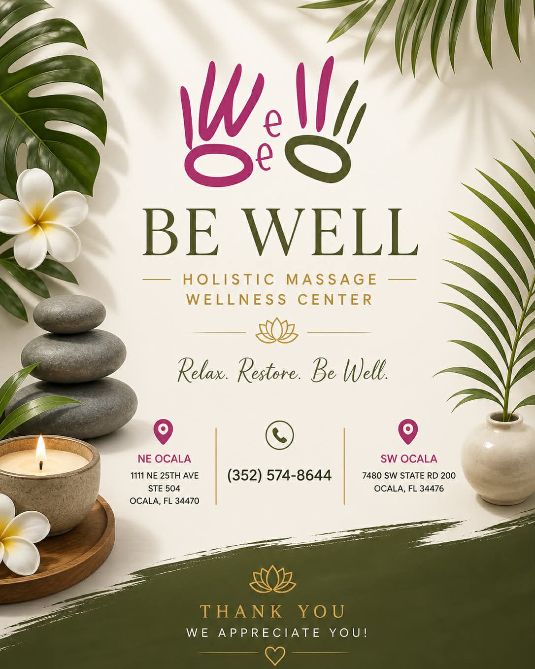 Be Well Holistic Massage Wellness Center, P.A. Facebook ad: Practice a life of wellness, come to Be Well treating…