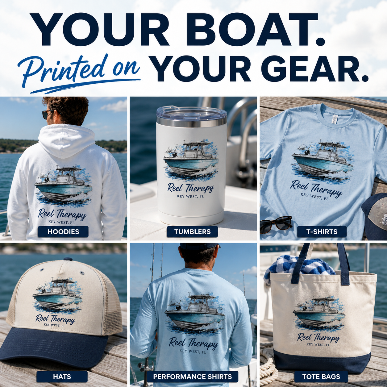 BTG Gear Facebook ad: Turn your boat into custom apparel in seconds.