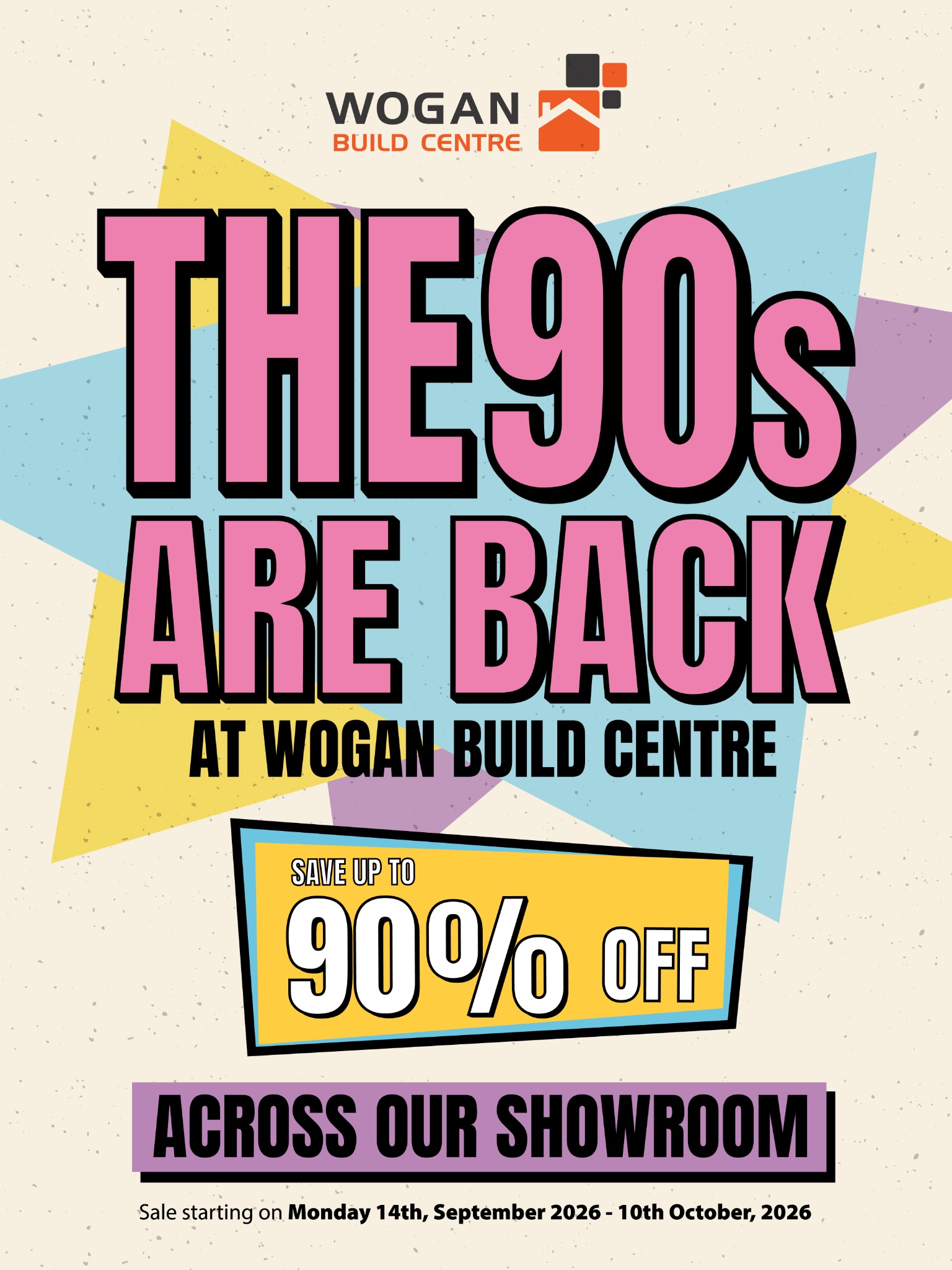 Wogan Build Centre Facebook ad: Up to 90% Off in The Big Sale