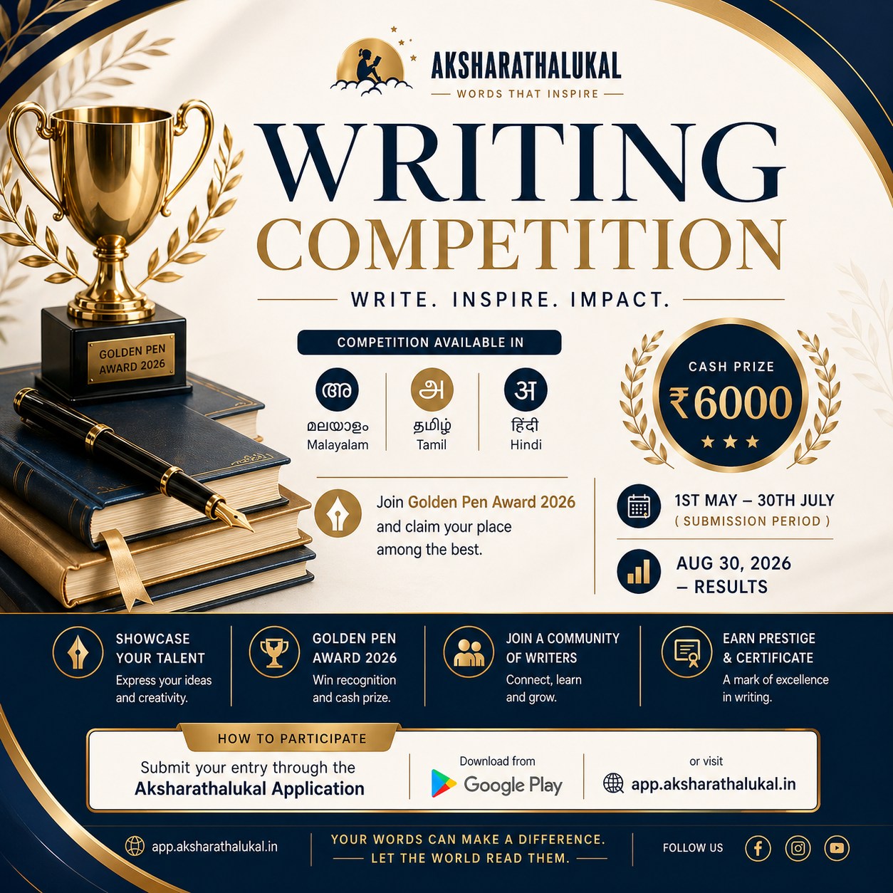 Aksharathalukal - Hindi Stories Facebook ad: AKSHARATHALUKAL मेगा लेखन प्रतियोगिता 2026