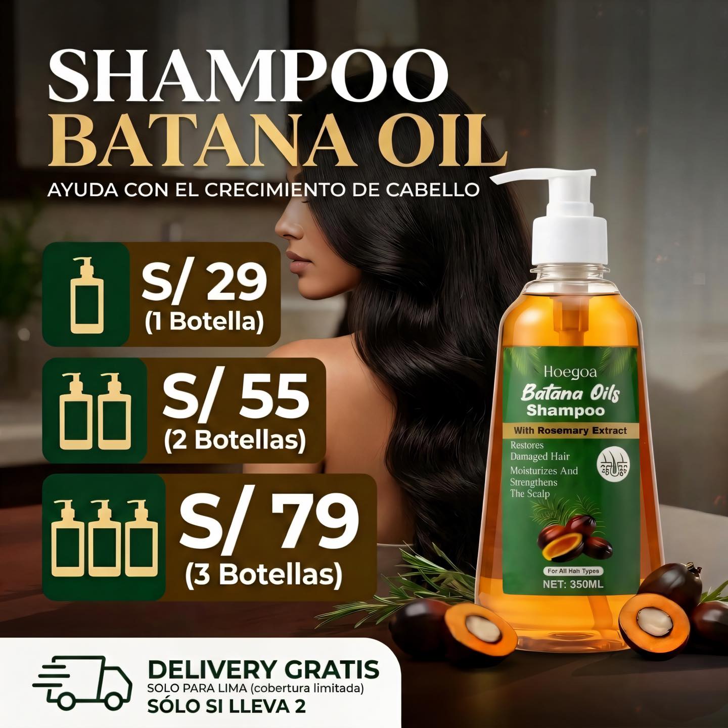 Ancla Import Perú Facebook ad: ¡Shampoo de Batana Oil!