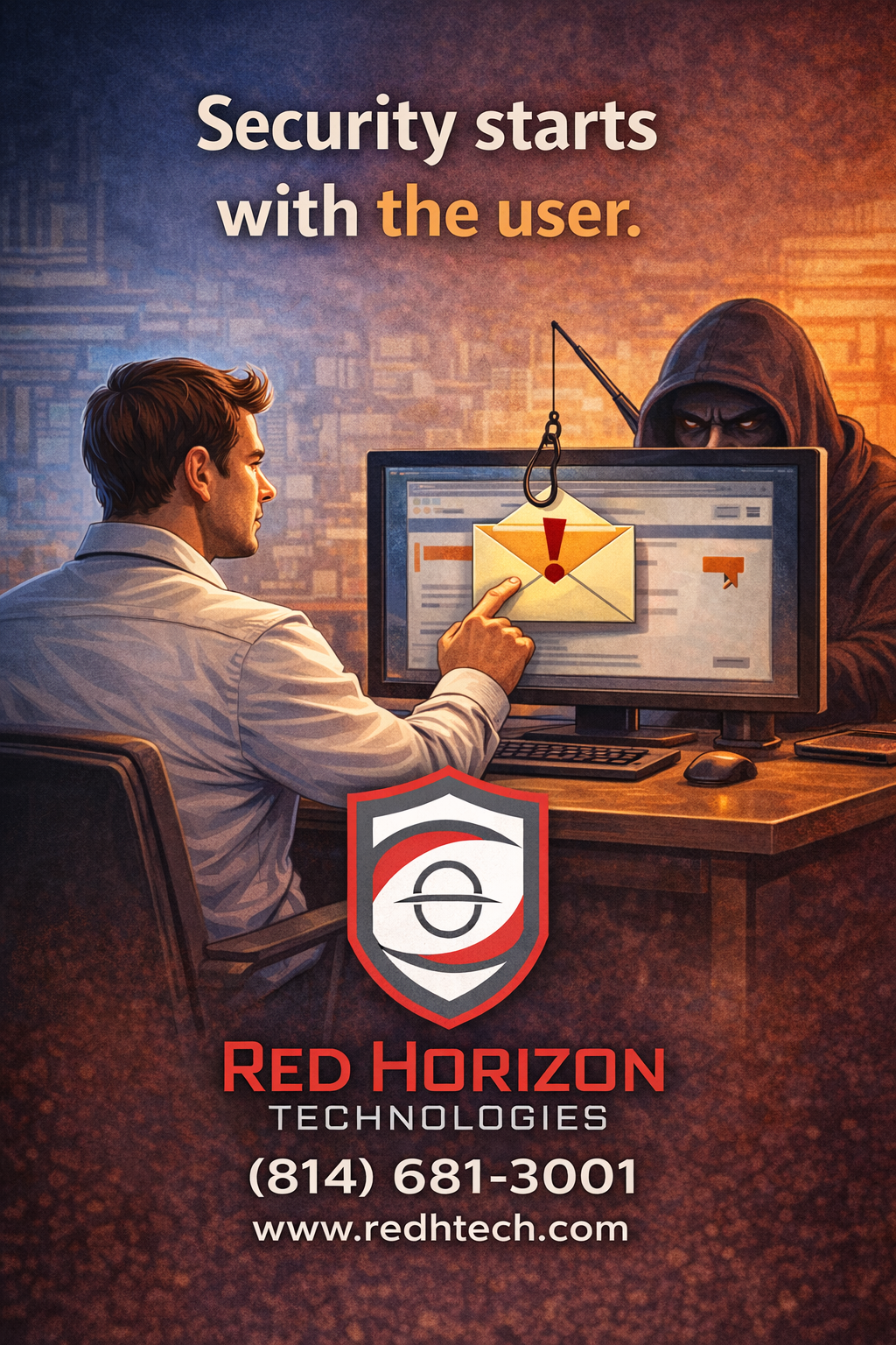 Red Horizon Technologies Facebook ad: Hackers don’t break in they trick people in.