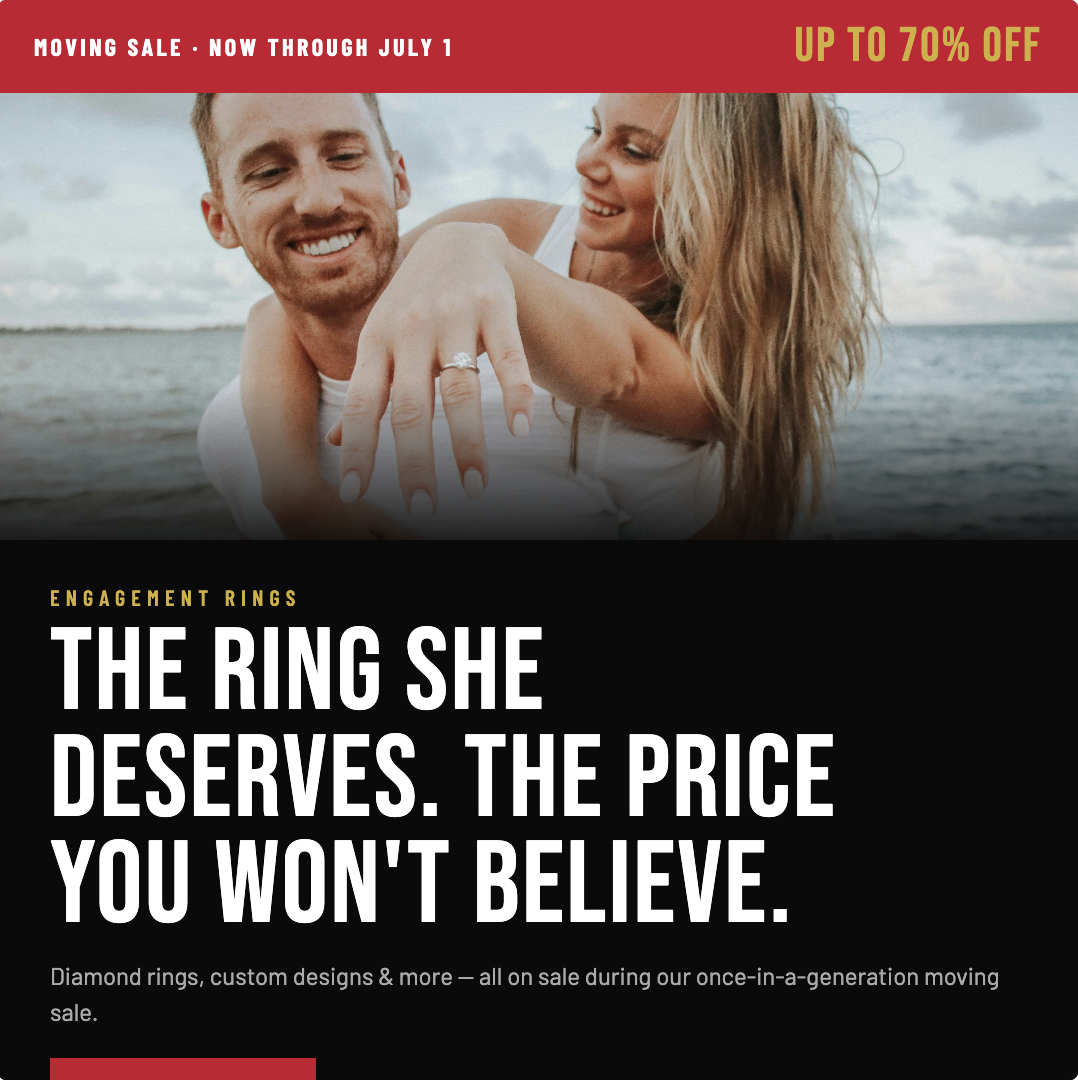 BW James Jewelers Facebook ad: Moving Sale - Up To 70% Off