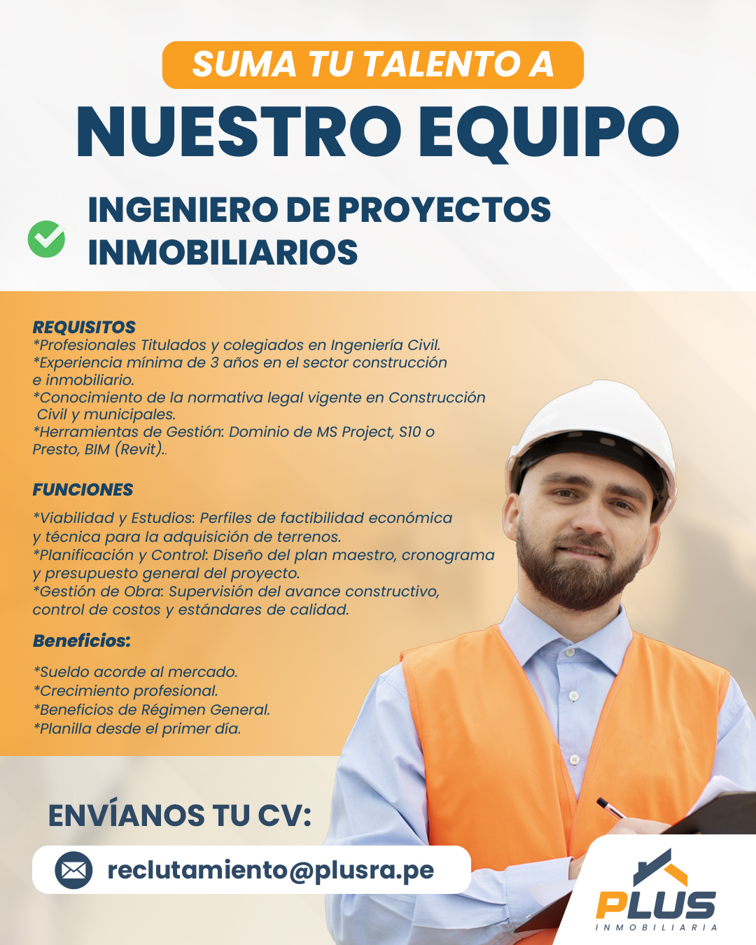 Plus Inmobiliaria Facebook ad: ¡Estamos en busca de un(a) Ingeniero de proyectos…