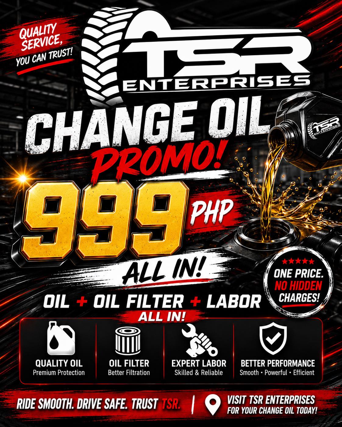 TSR Enterprises - Baliuag Branch Facebook ad: CHANGE OIL PROMO PACKAGE STARTS AT 999