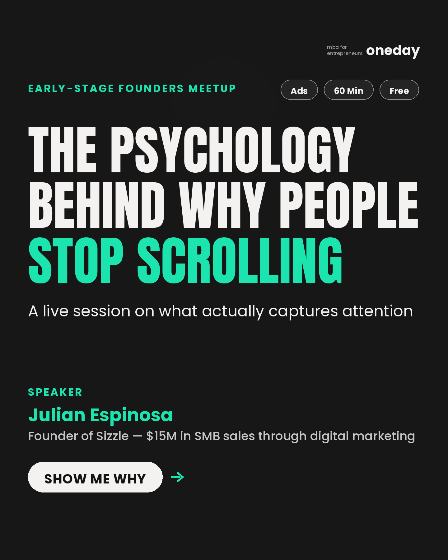 Oneday Facebook ad: Leave with tactics for content that stops the scroll