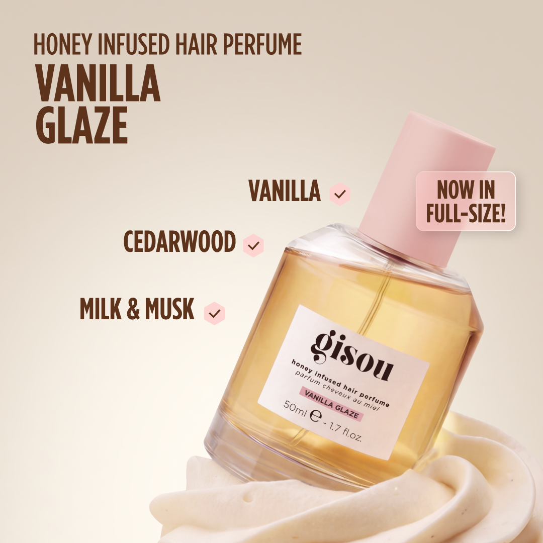 Gisou Facebook ad: NEW! Vanilla Glaze Honey Infused Hair Perfume 50ml.