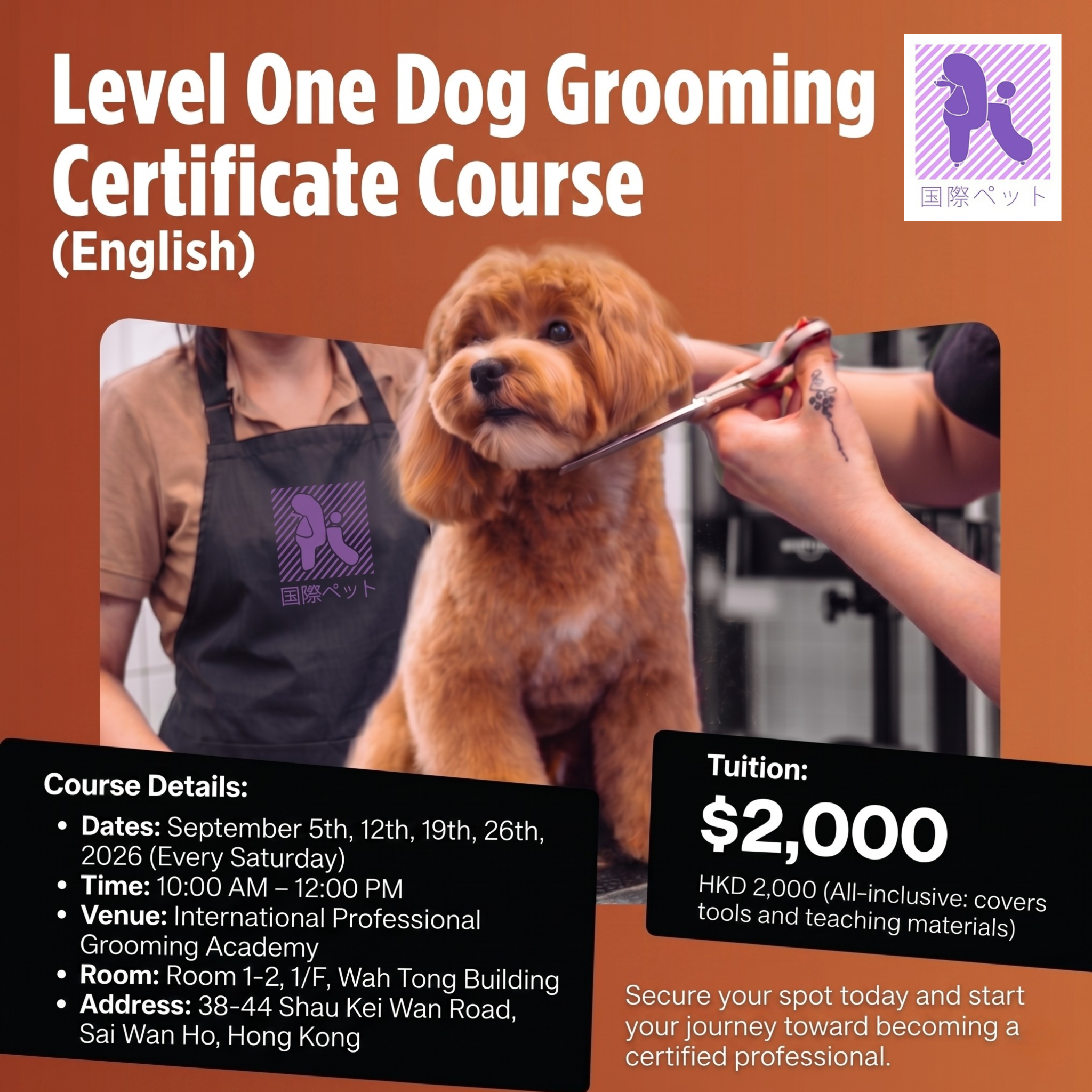 國際專業寵物美容學院 Facebook ad: Level 1 English Dog Grooming