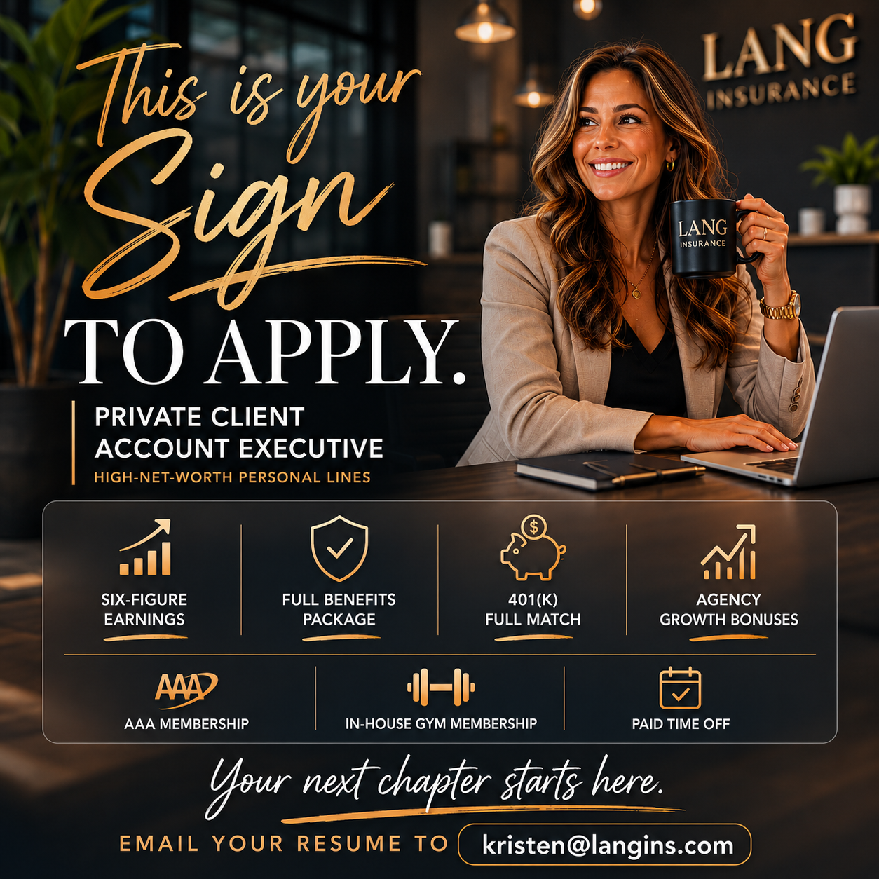 Lang Insurance Facebook ad: HIRING: Private Client Account Executive