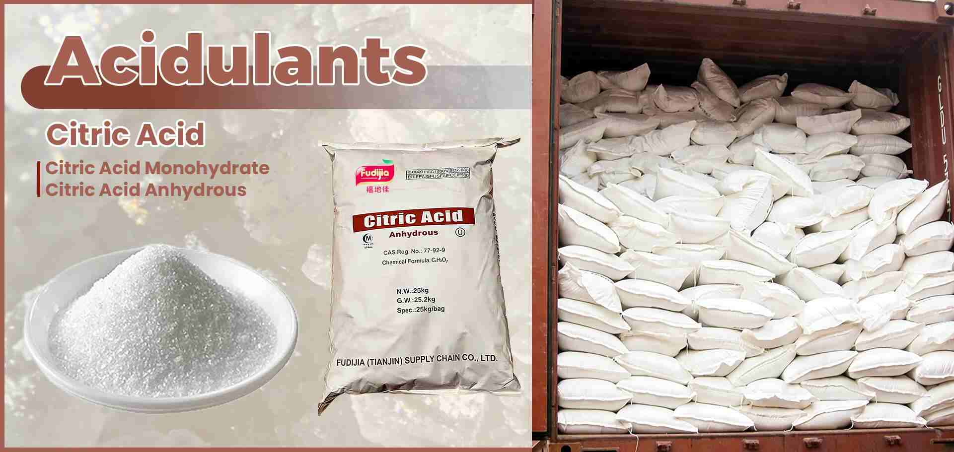 Fudijia Food Ingredients Factory Facebook ad: Citric Acid Monohydrate/Anhydrous Bulk package