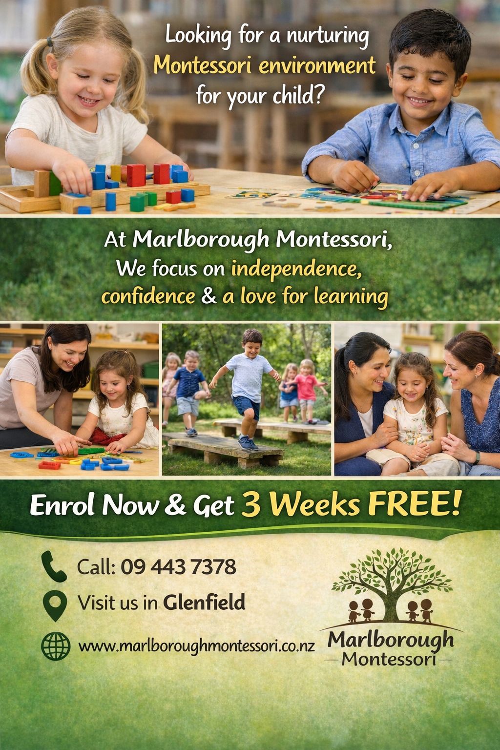 Marlborough Montessori Preschool Facebook ad: Enrollments are open.