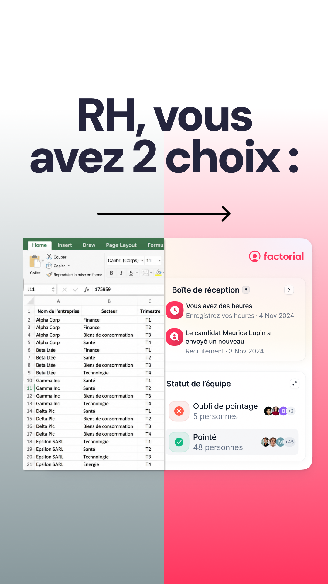 Factorial FR Facebook ad: Les RH, plus simples, rapides et humaines.