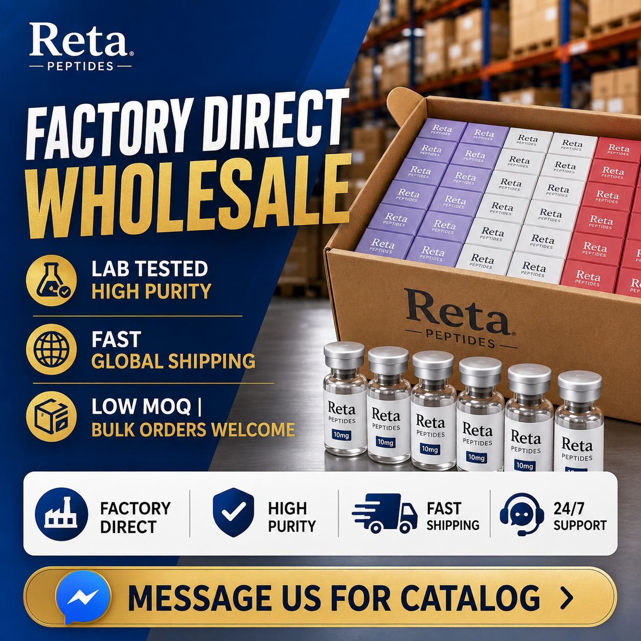 Peptide Innovation Hub Facebook ad: 99%+ Ultra-Pure Peptides | Factory Direct | Global Shipping
