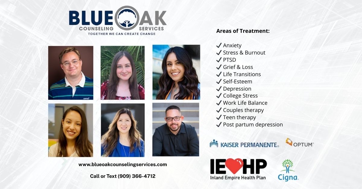 Blue Oak Counseling Services Facebook ad: Blue Oak provides compassionate, evidence-based therapy…