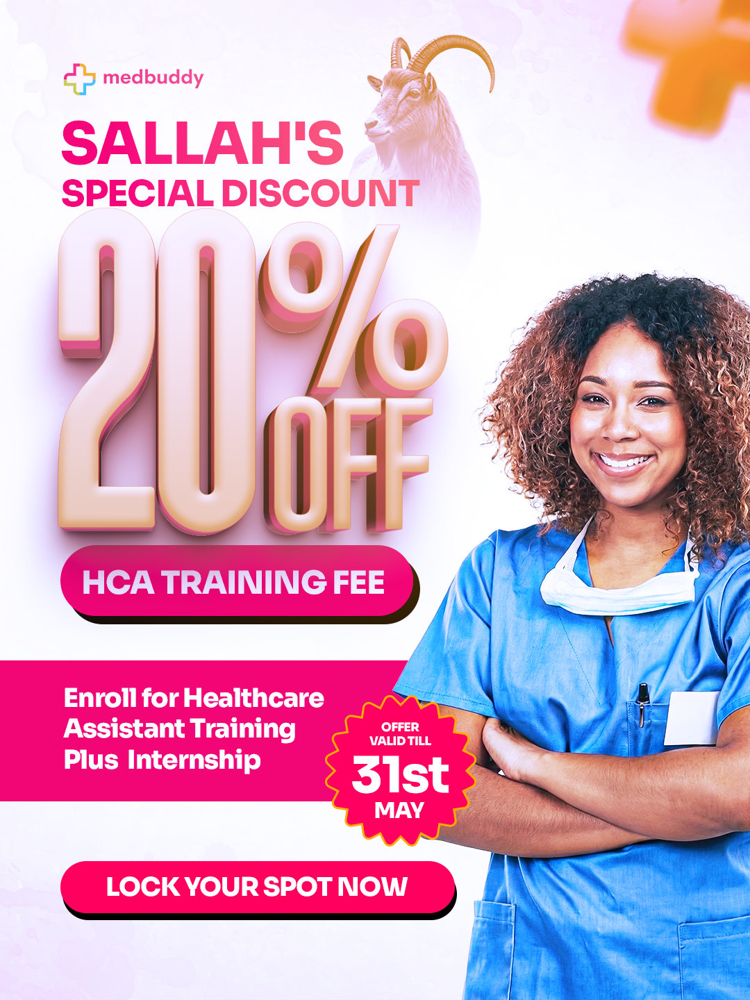 Medbuddy Academy Facebook ad: Lock your spot (Healthcare Assistant Training)
