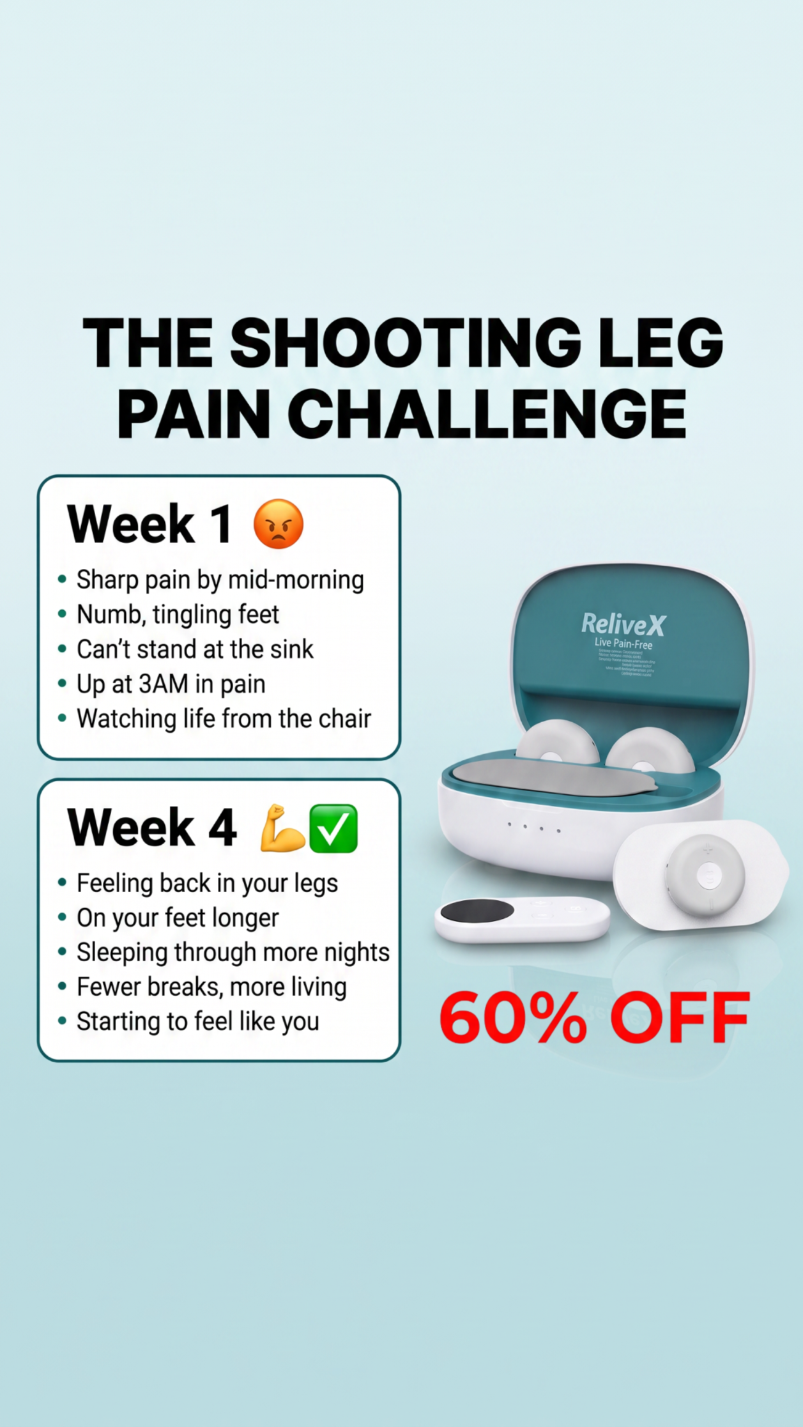 ReliveX Facebook ad: The Shooting Leg Pain Challenge: Week 1 vs Week 4
