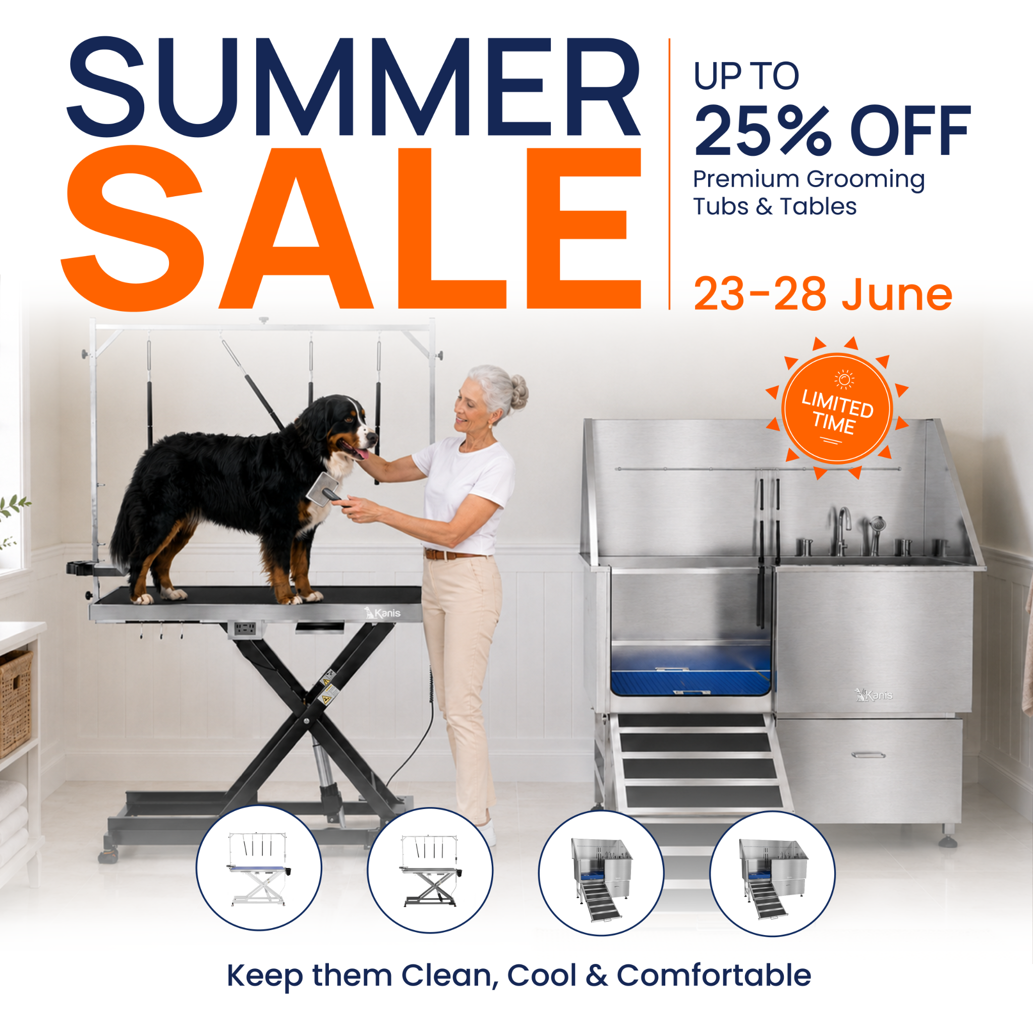 Kanis Grooming Facebook ad: Summer Sale: Up to 25% Off Tubs & Tables