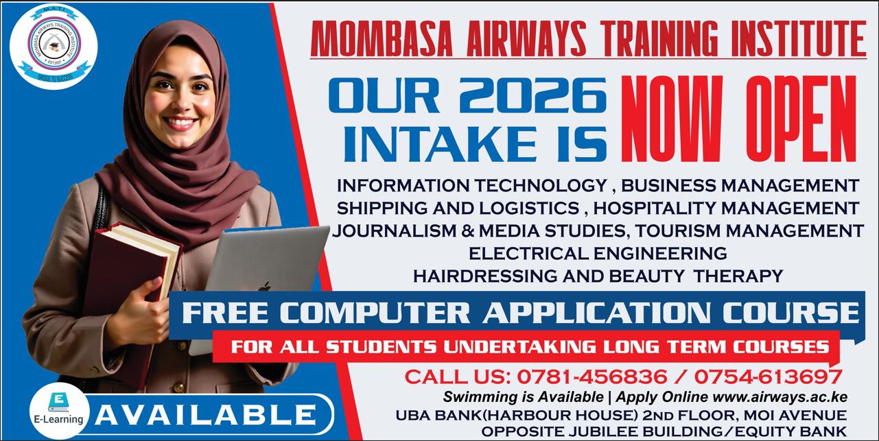 Mombasa Airways Training Institute - MATI Facebook ad: Our 2026 𝑮𝑹𝑨𝑵𝑫 𝑰𝑵𝑻𝑨𝑲𝑬 𝒊𝒔 𝒏𝒐𝒘 𝒐𝒏!