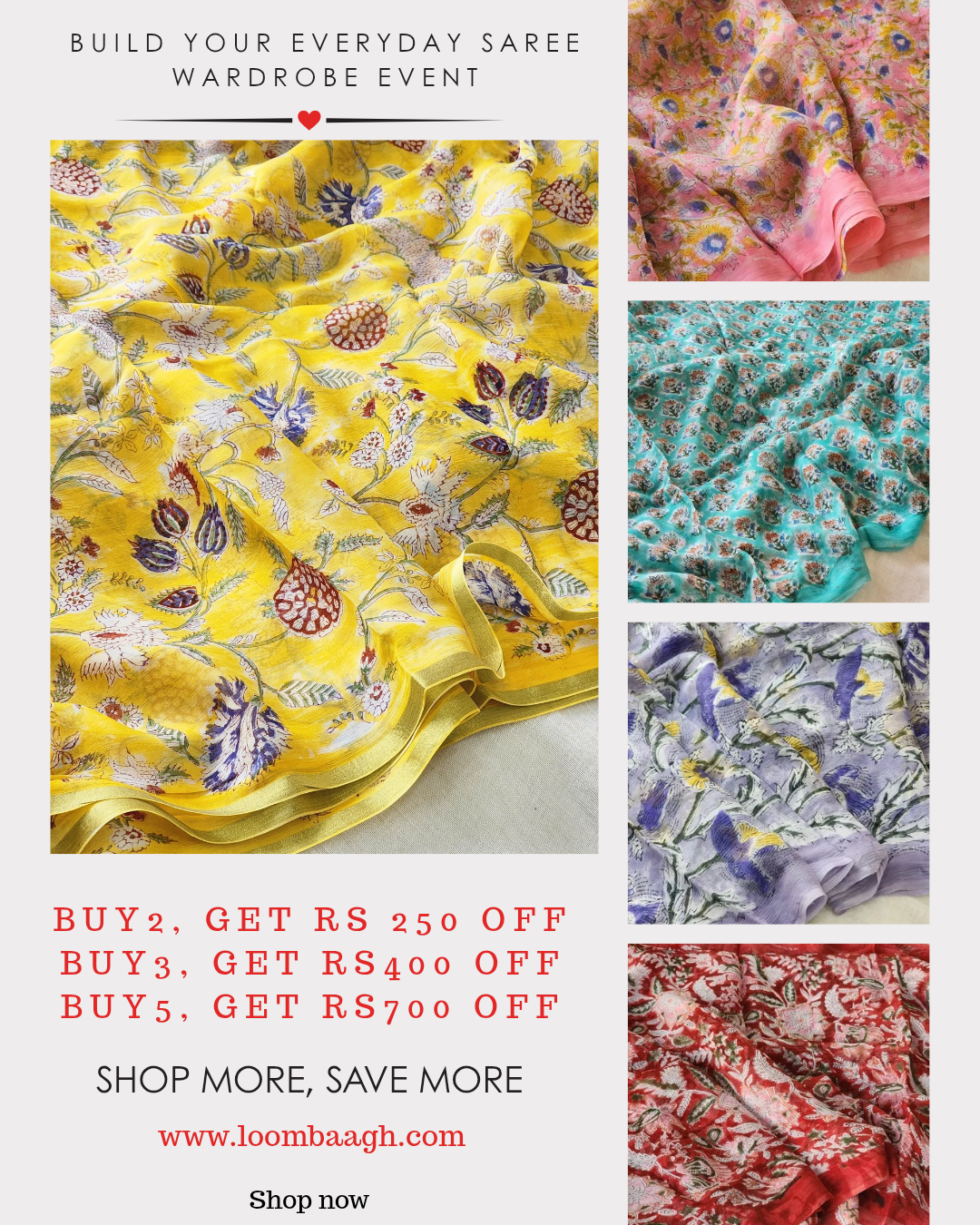 Loom Baagh Facebook ad: Handblock Chiffon Sarees | Bundle & Save