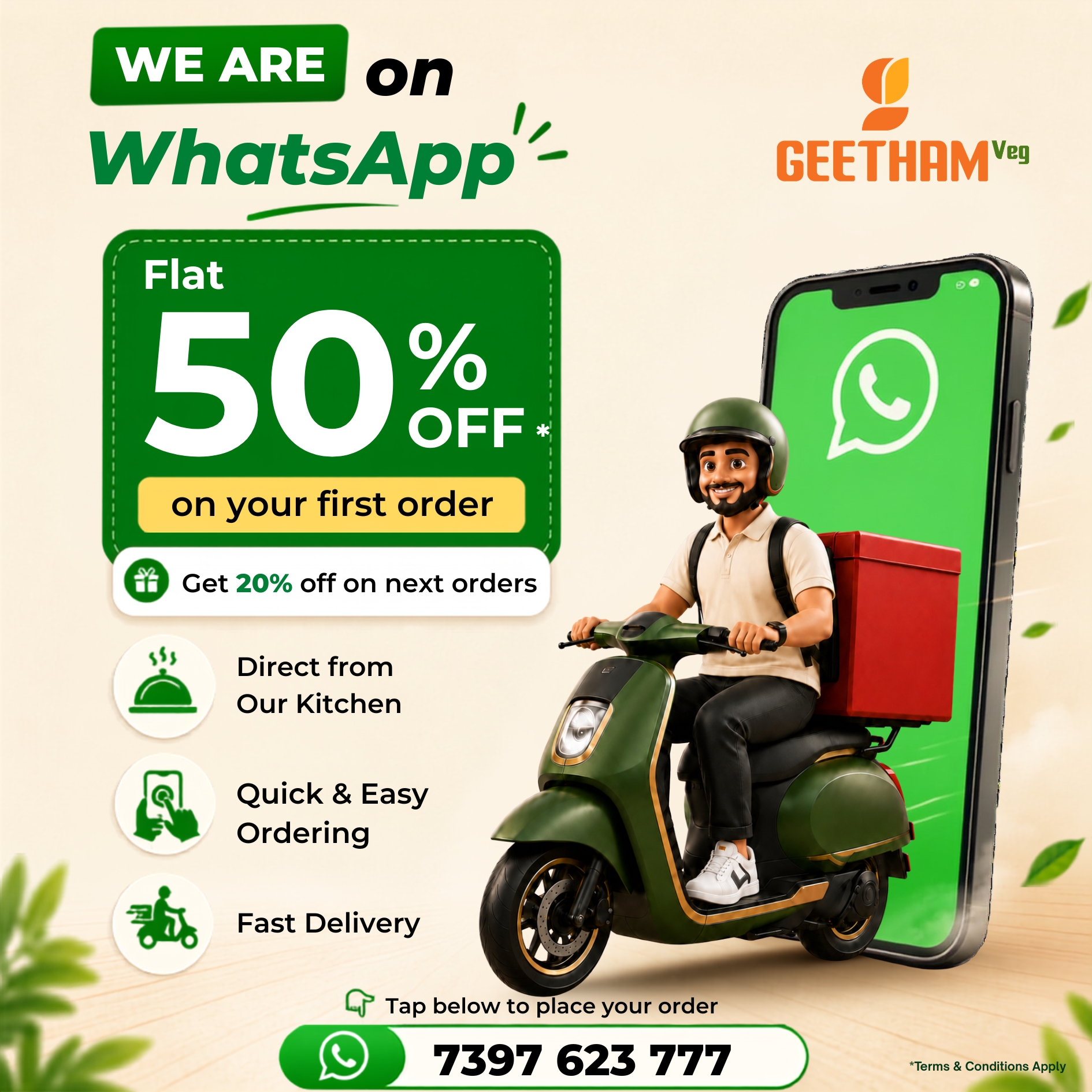 Geetham Veg Facebook ad: Flat 50% OFF Your First WhatsApp Order