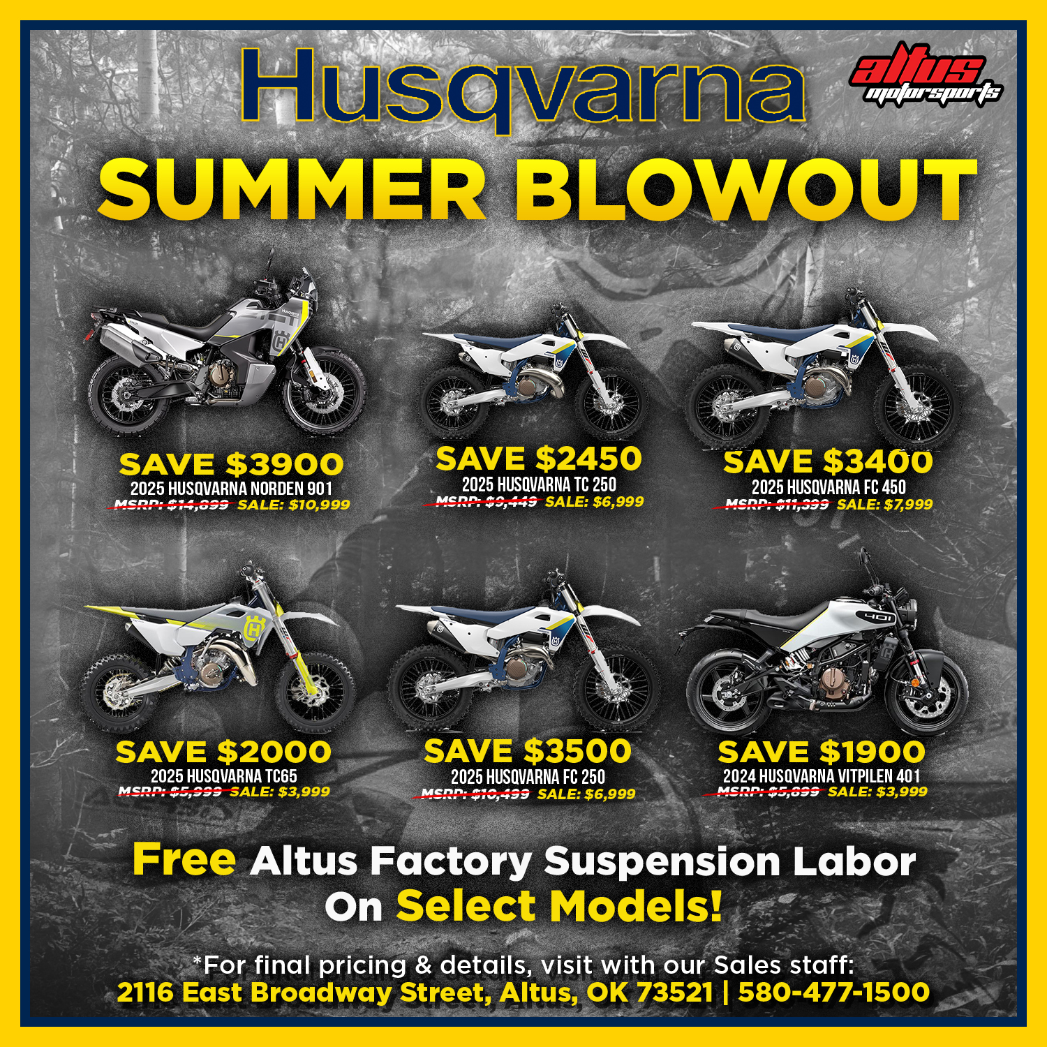 Altus Motorsports Facebook ad: The Husqvarna Summer Blowout is on at Altus…