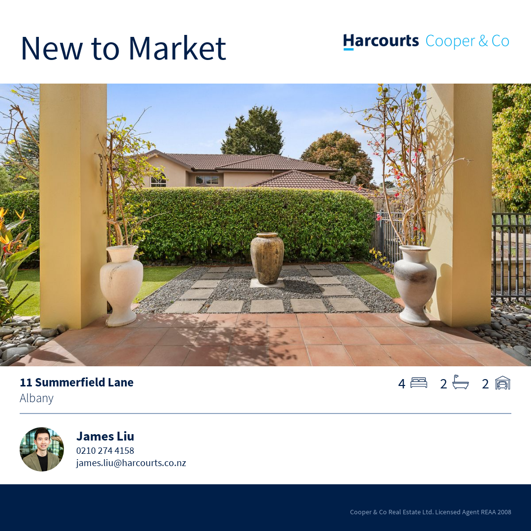 James Liu-Harcourts Cooper & Co Facebook ad: 11 Summerfield Lane, Albany