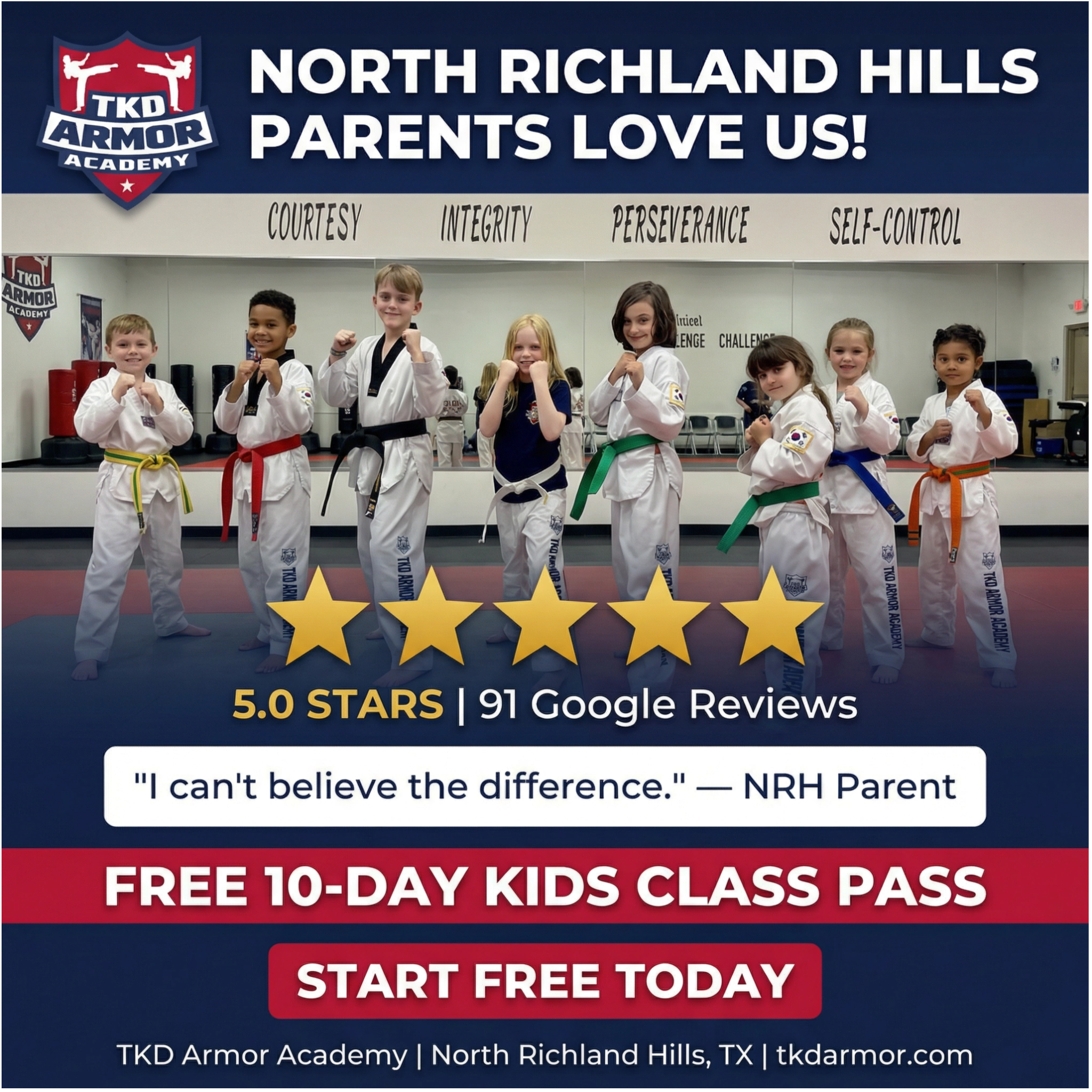 TKD Armor Academy Facebook ad: Want a FREE 10-Day, Kids Martial Arts Class Pass?