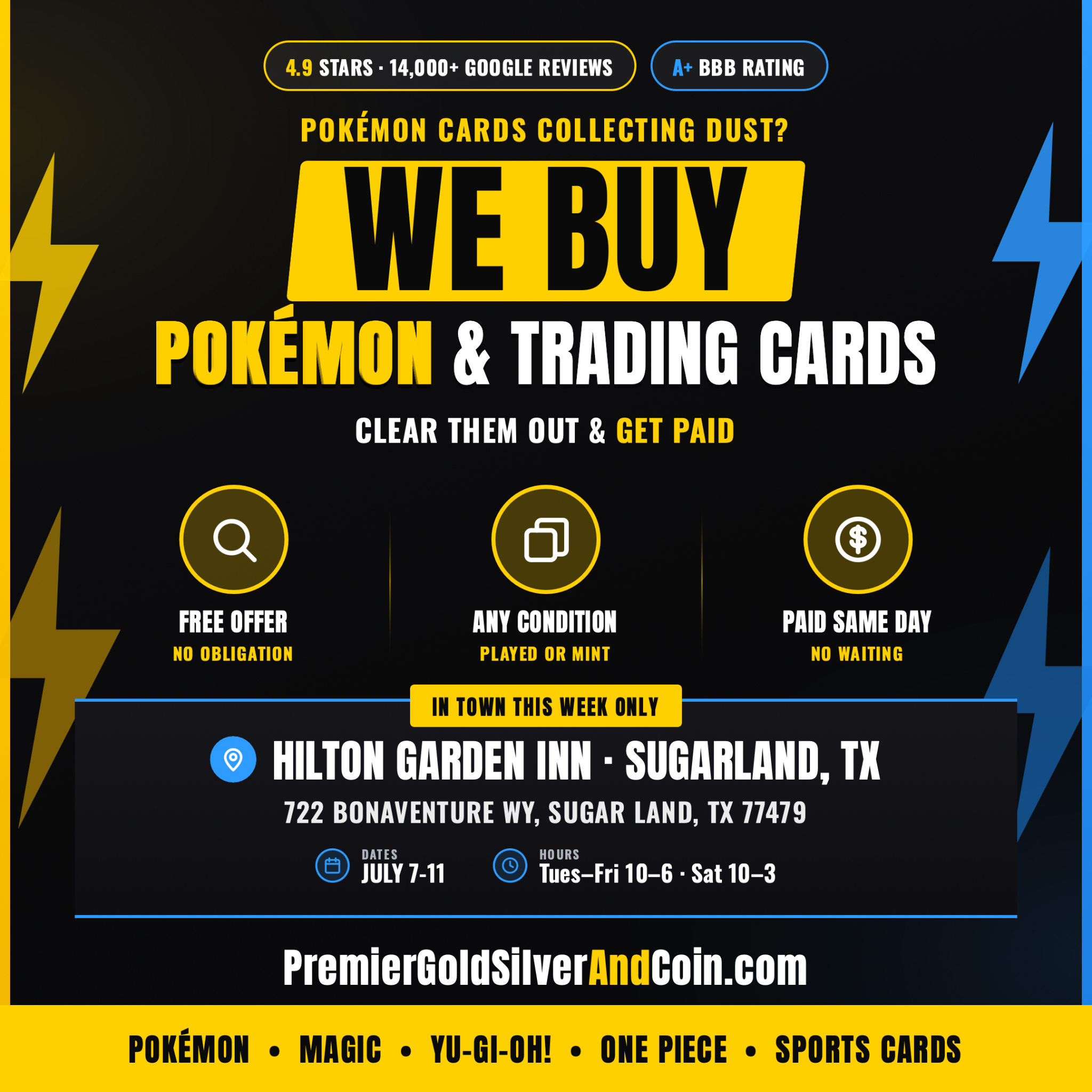 Premier Gold, Silver, and Coin Facebook ad: We Buy Trading Cards, Sugarland, TX
