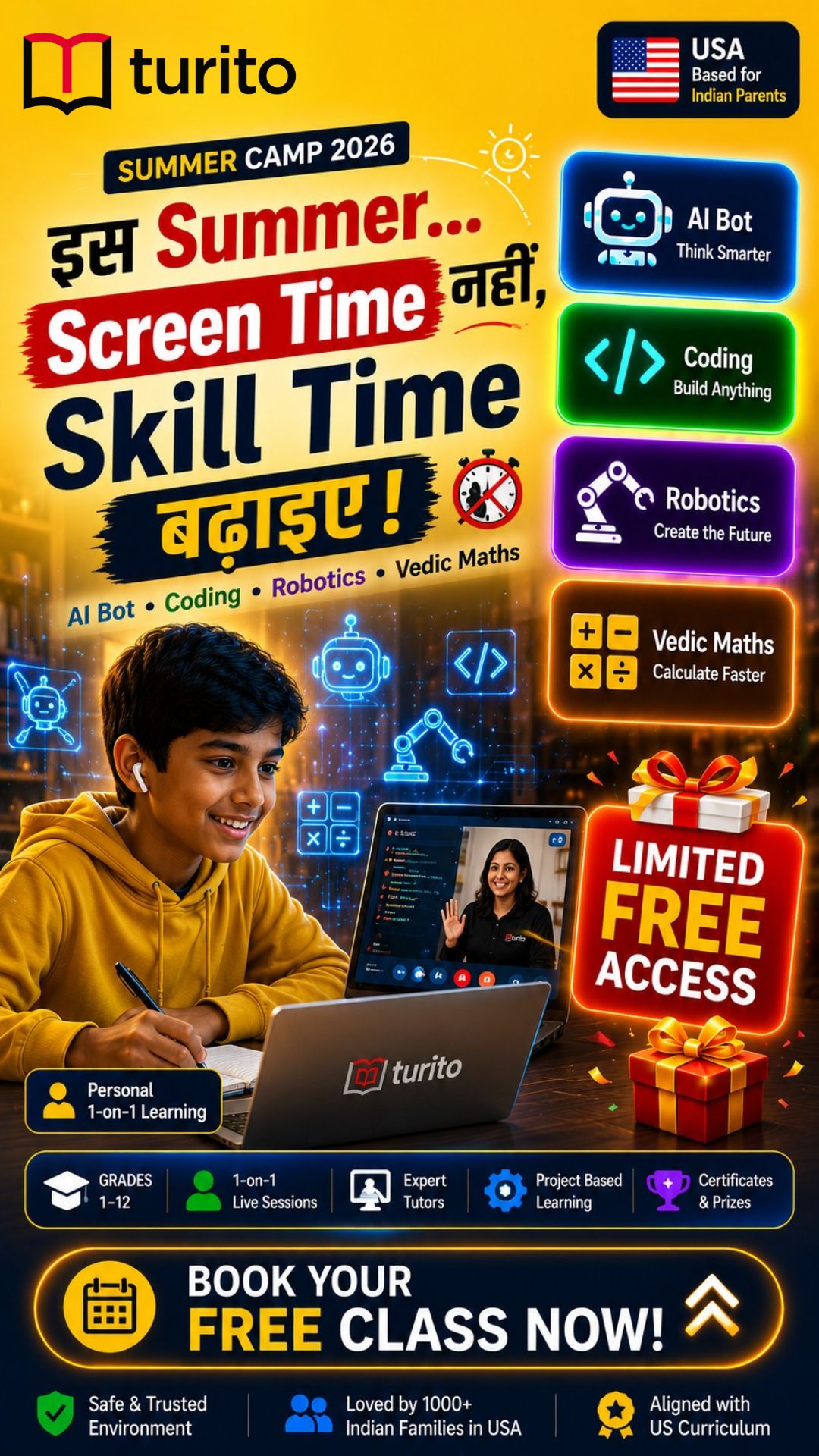 Turito USA Facebook ad: AI, Coding & Robotics सीखिए FREE में