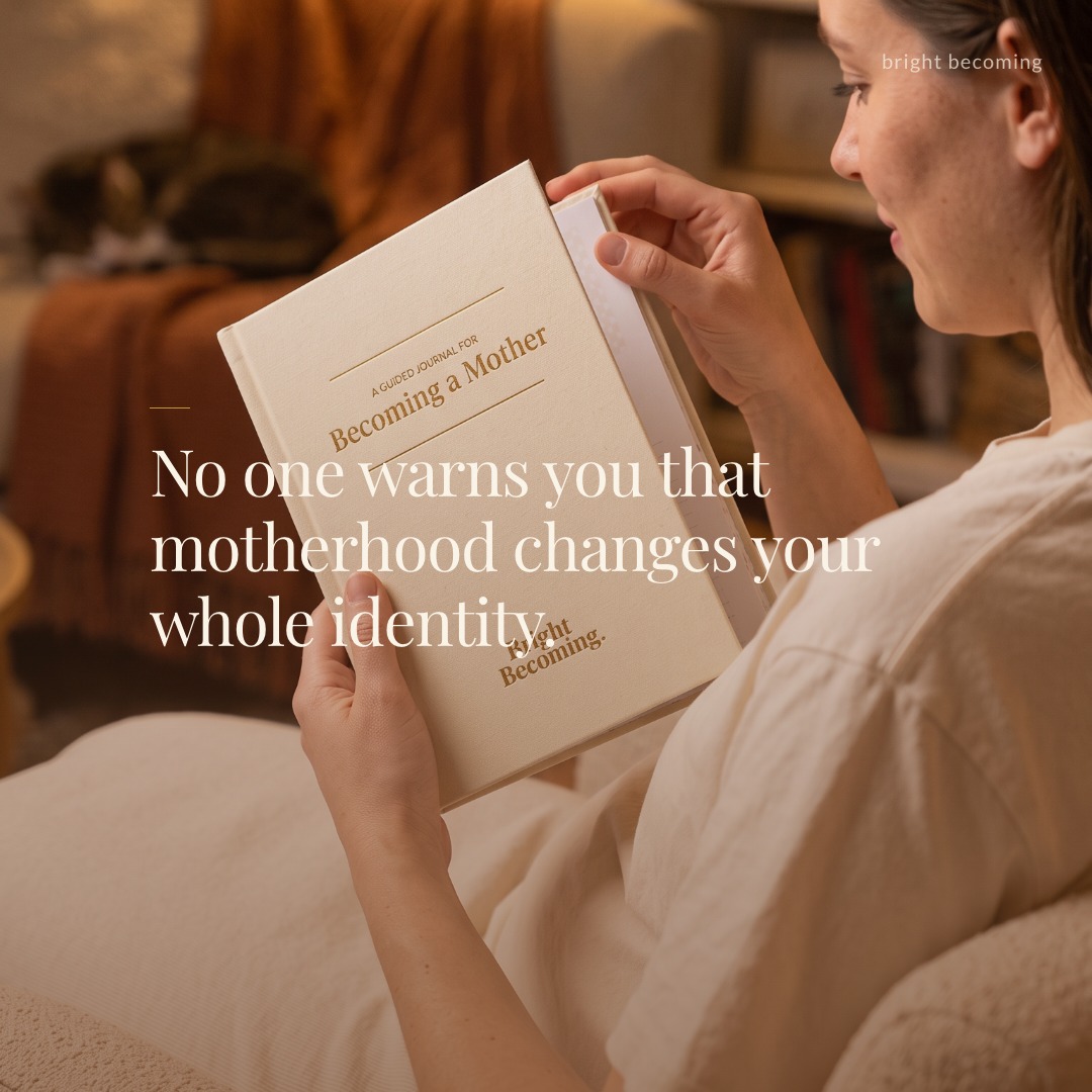 Bright Becoming Guided Journals Facebook ad: No one warns you that motherhood changes your…