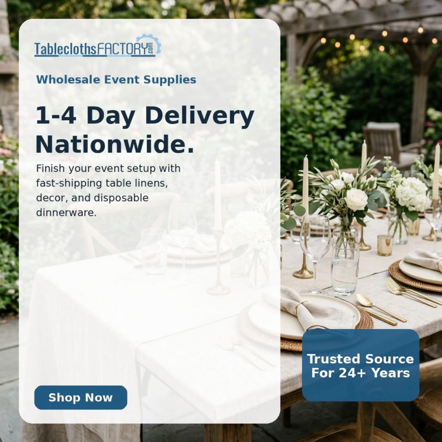 TableclothsFactory Facebook ad: Save on Bulk Event Supplies