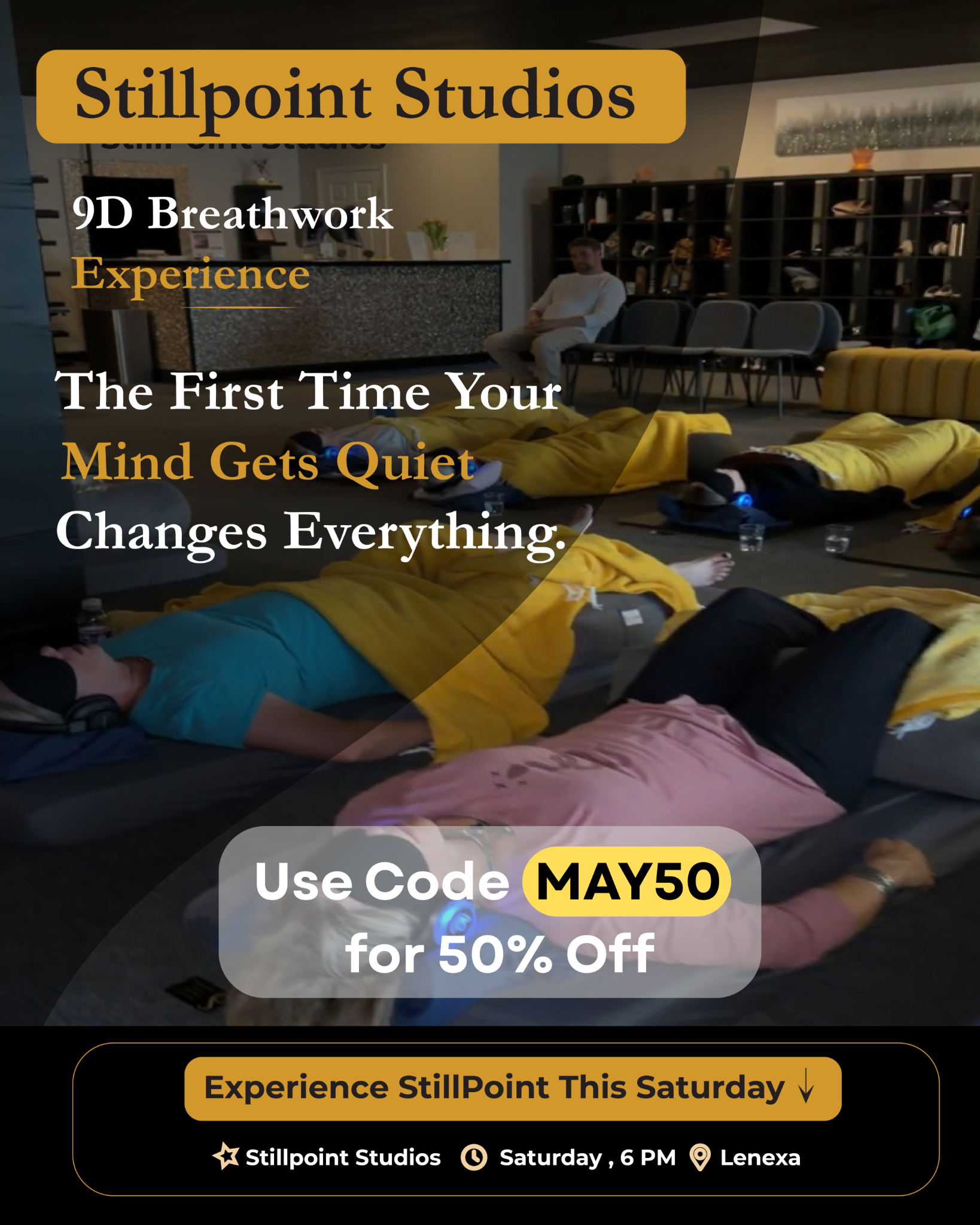 StillPoint Studios + 9D Breathwork in Kansas City Facebook ad: Walk In at Half Price, Code MAY50