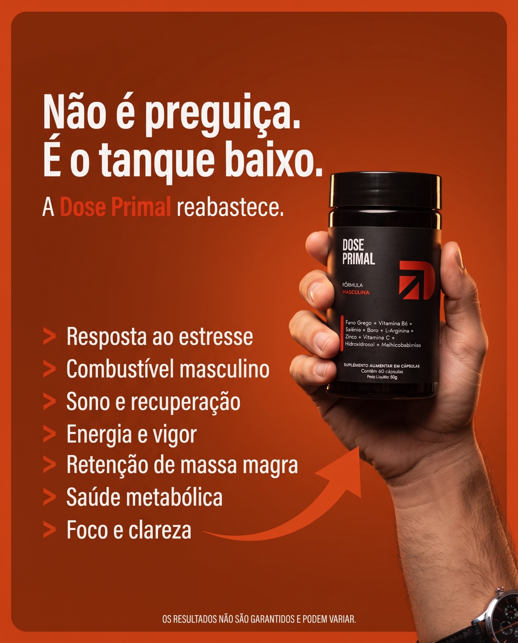 DosePrimal Facebook ad: O cortisol te esgota. A Dose Primal reabastece o tanque.