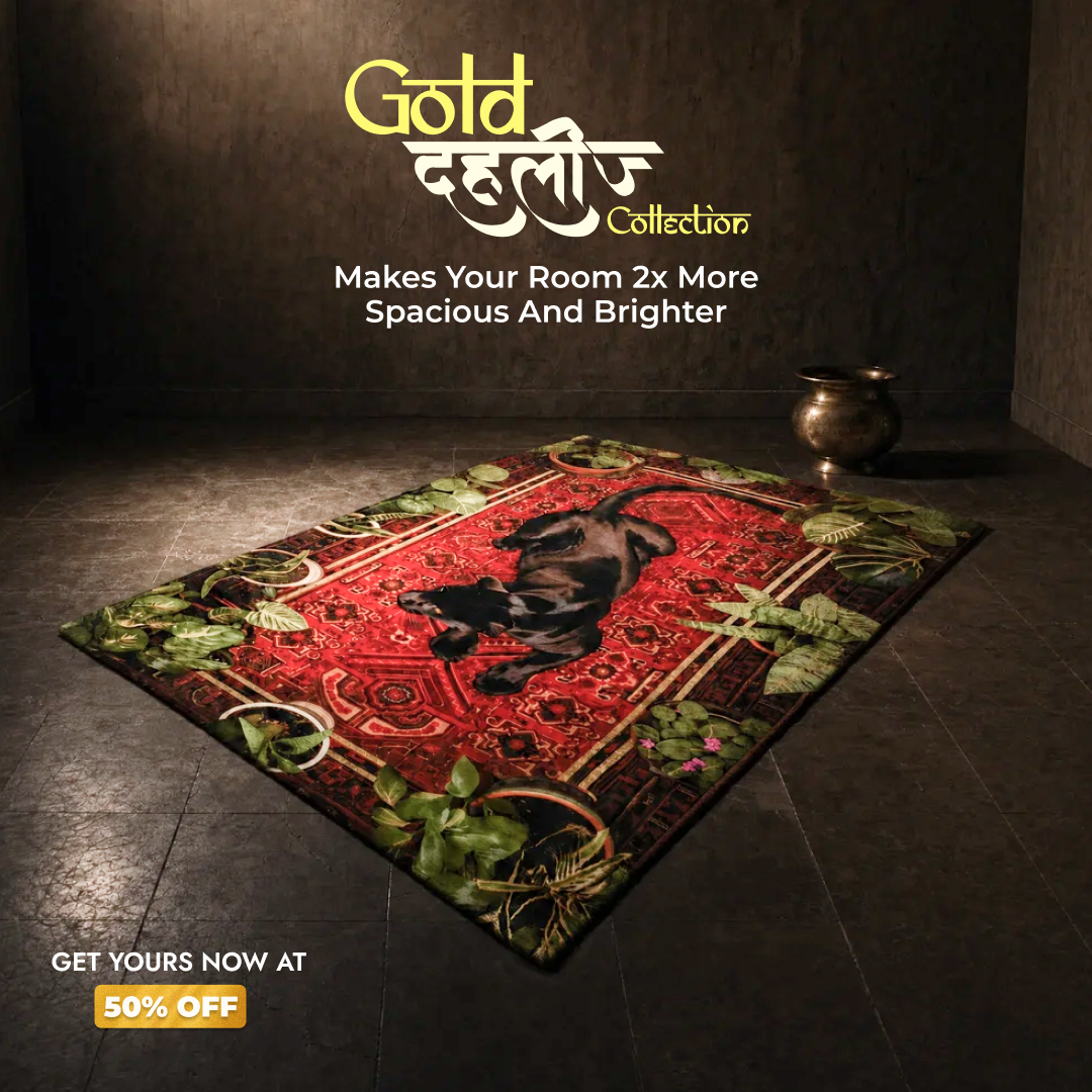 PittariSpaces Facebook ad: Flat 50% Off on Gold-Pressed Luxury Rugs