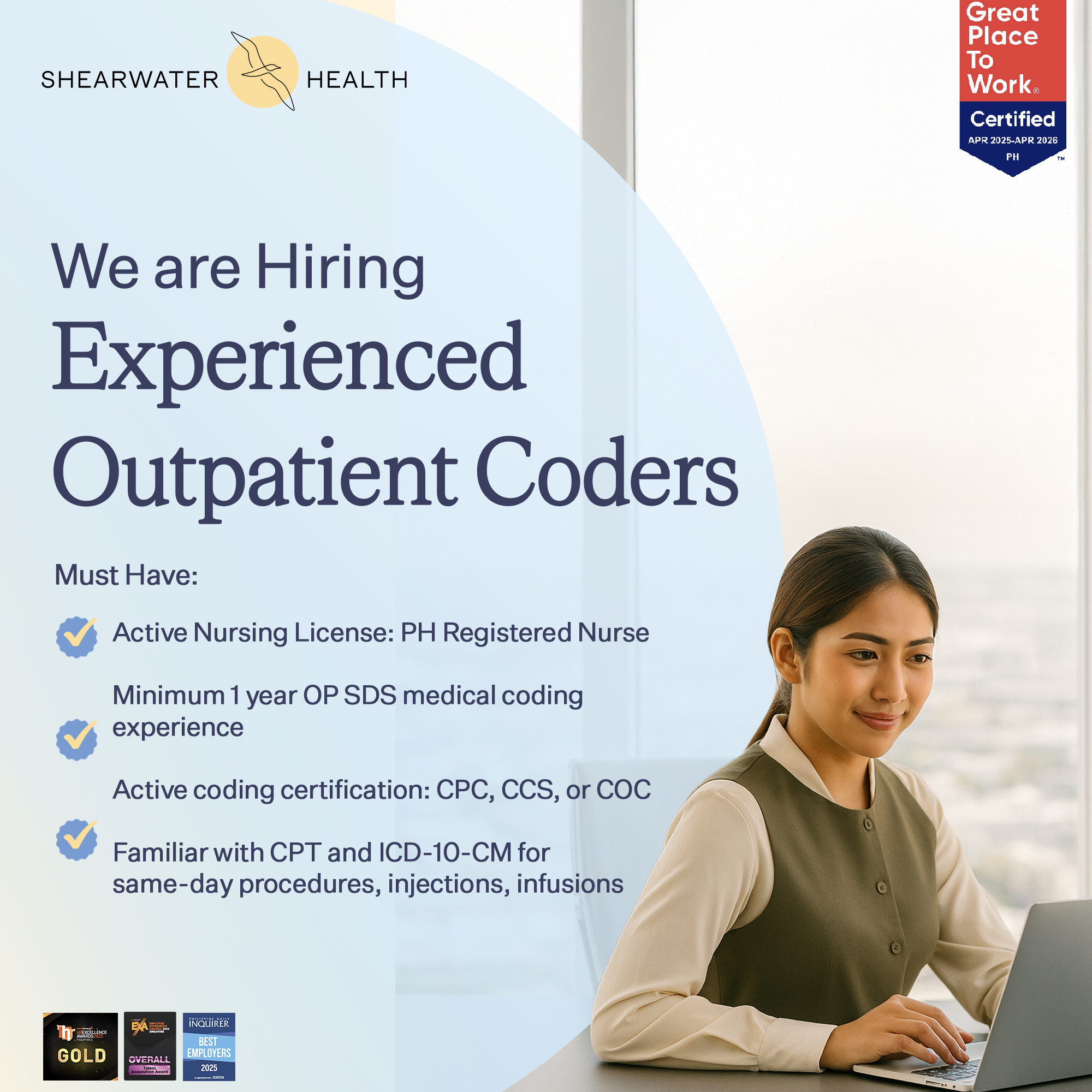 Shearwater Health Philippines Facebook ad: ₱50K Sign-On Bonus for Experienced Outpatient Coders!