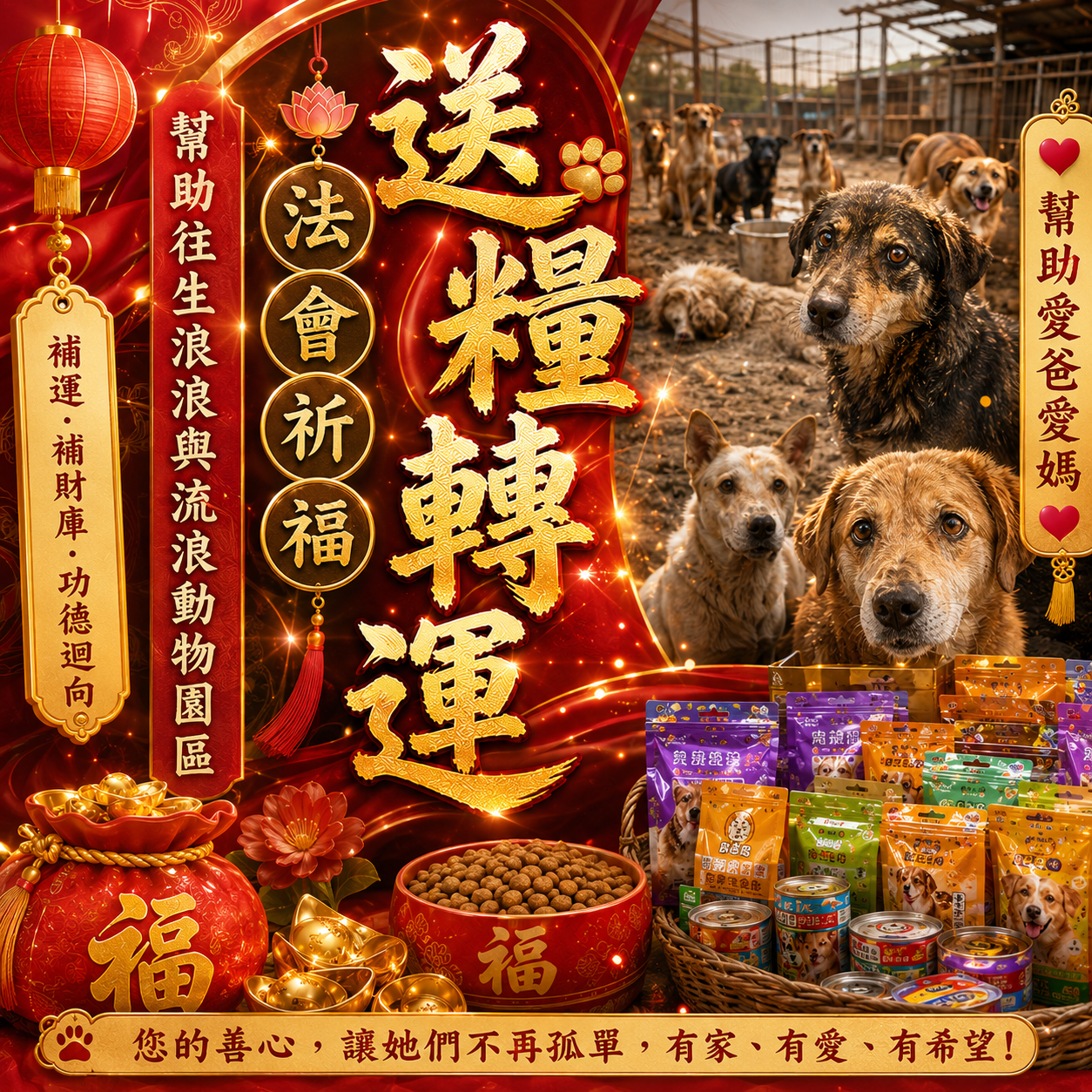 毛孩祈福堂 Facebook ad: 【送糧轉運|幫助浪浪也替自己累積福報】 祈安賜財補財庫法會+毛孩功德迴向