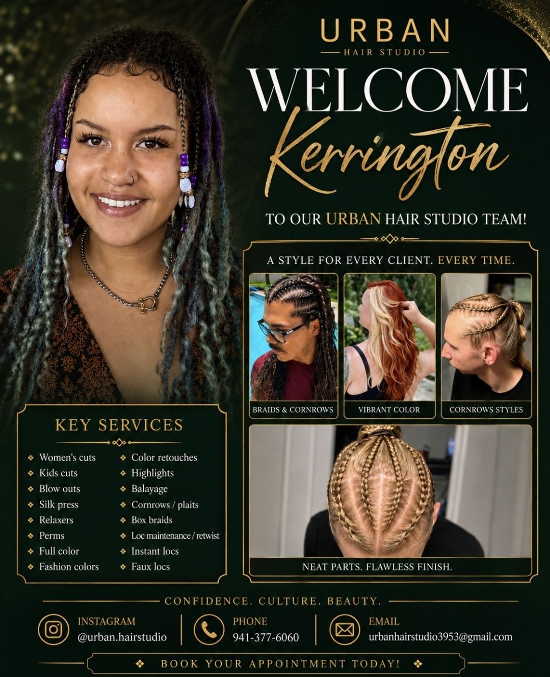 Urban Hair Studio Facebook ad: Please join us in welcoming Kerrington to the…