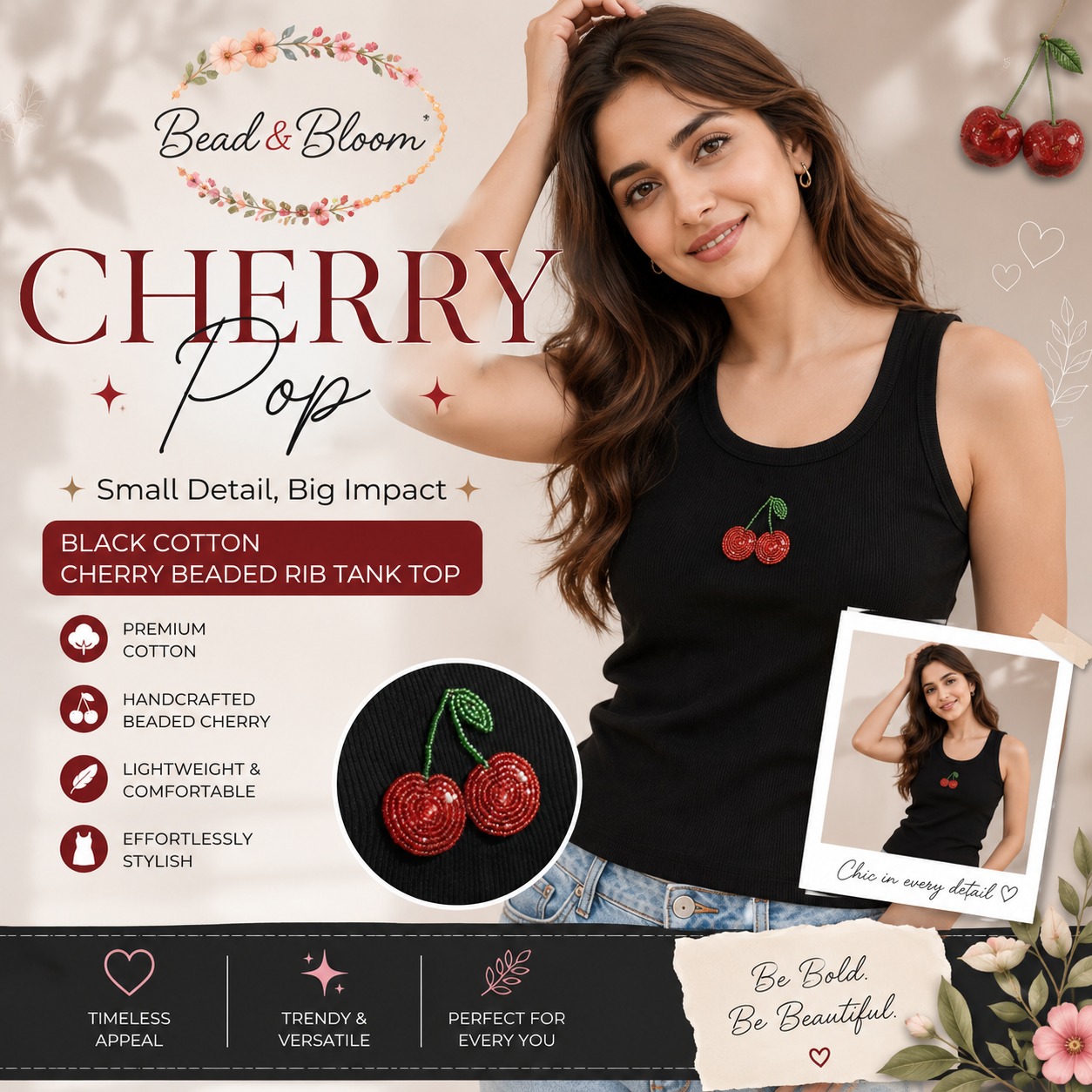 Bead & Bloom Facebook ad: Black Cotton The Cherry Pop Beaded Rib Tank Top For Women