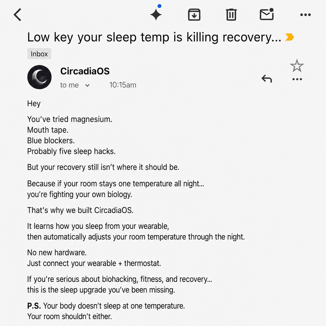 Circadiaos Facebook ad: Your body temperature changes through the night. Your room…