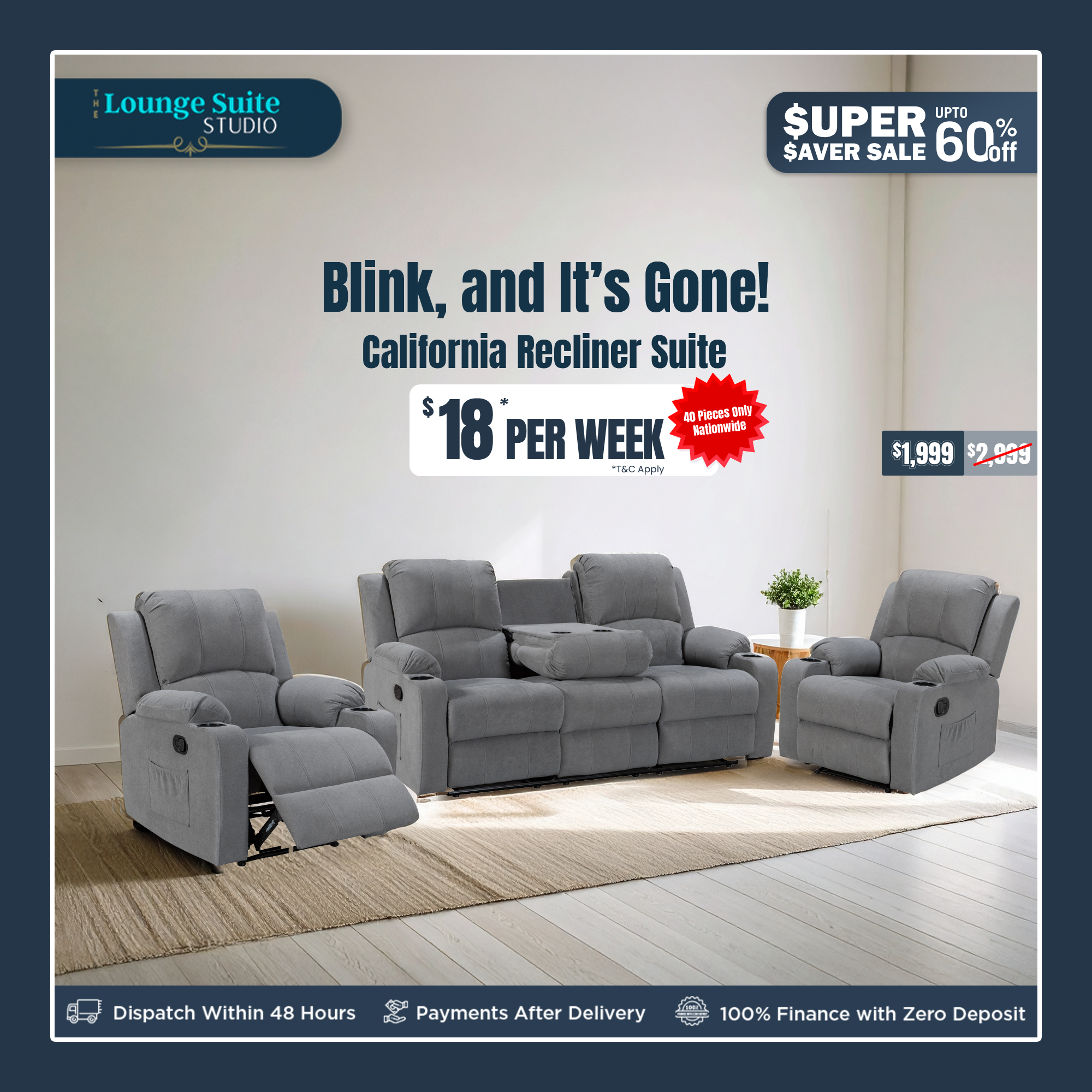 The Lounge Suite Studio Facebook ad: Super Saver Sale | Upto 60% Off | Buy Now