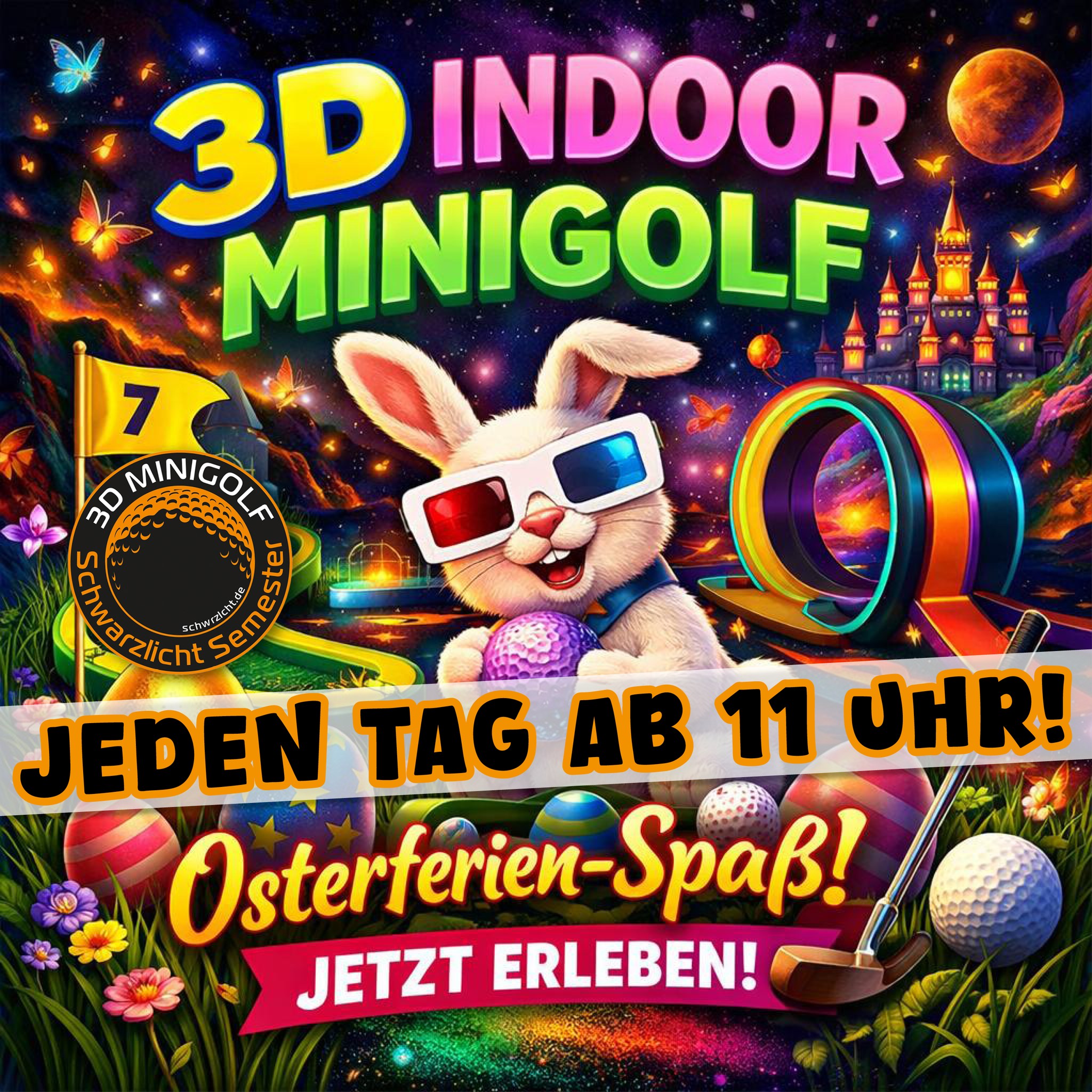 Schwarzlicht Semester 3D Minigolf Facebook ad: Hier direkt und ohne Umwege euer Spiel reservieren!