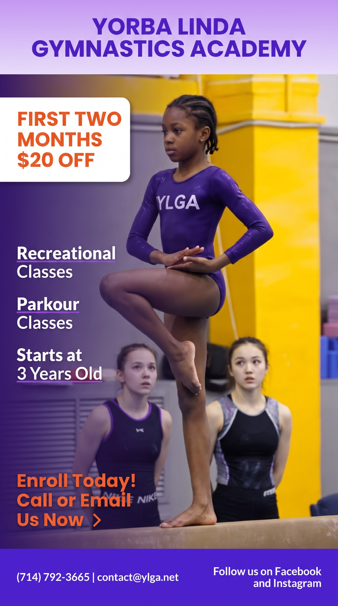 Yorba Linda Gymnastics Academy Facebook ad: Enroll Today & Save