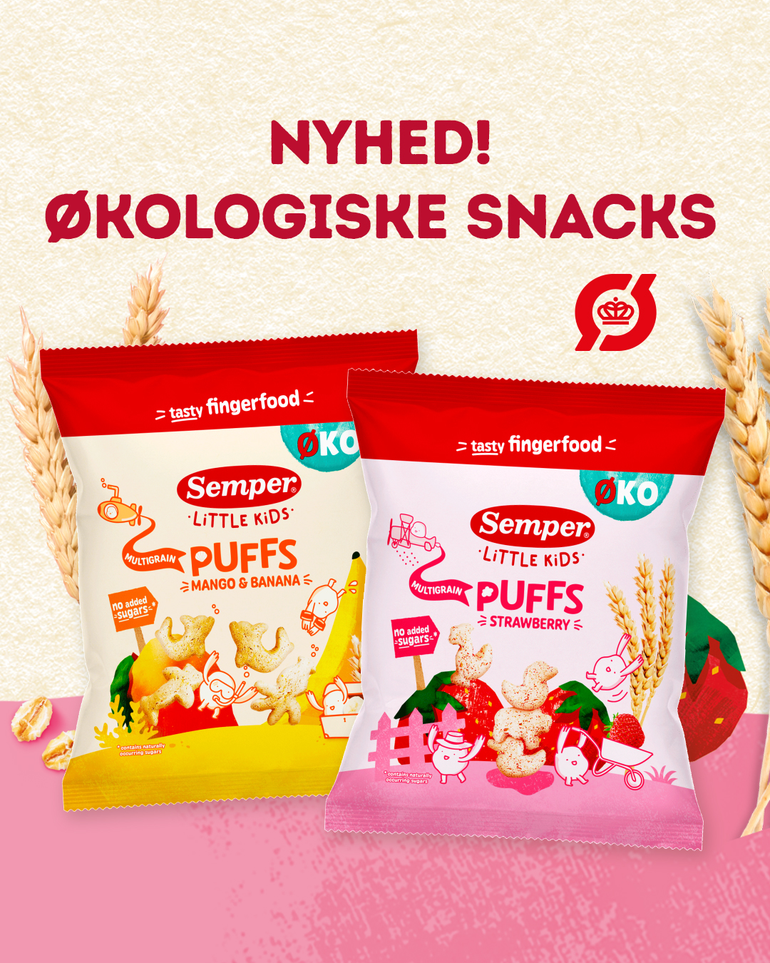 Semper børnemad Facebook ad: Prøv de nye Semper Little Kids Multigrain puffs…