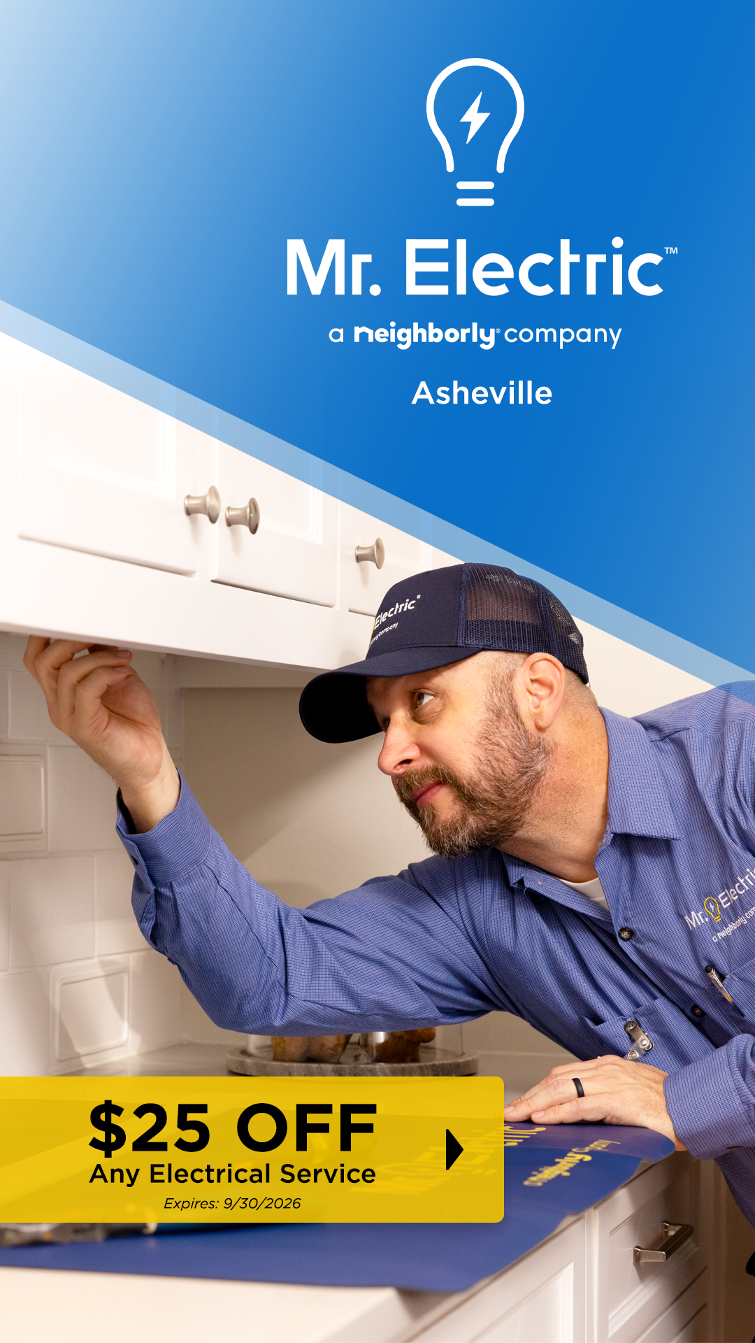 Mr. Electric of Asheville Facebook ad: Safe. Reliable. Professional Electrical Service.