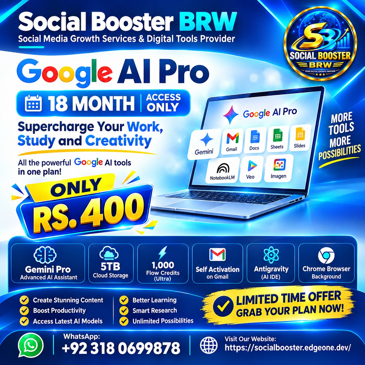 Social Booster BRW Facebook ad: Google AI Pro, 18 Months Access فقط Rs.