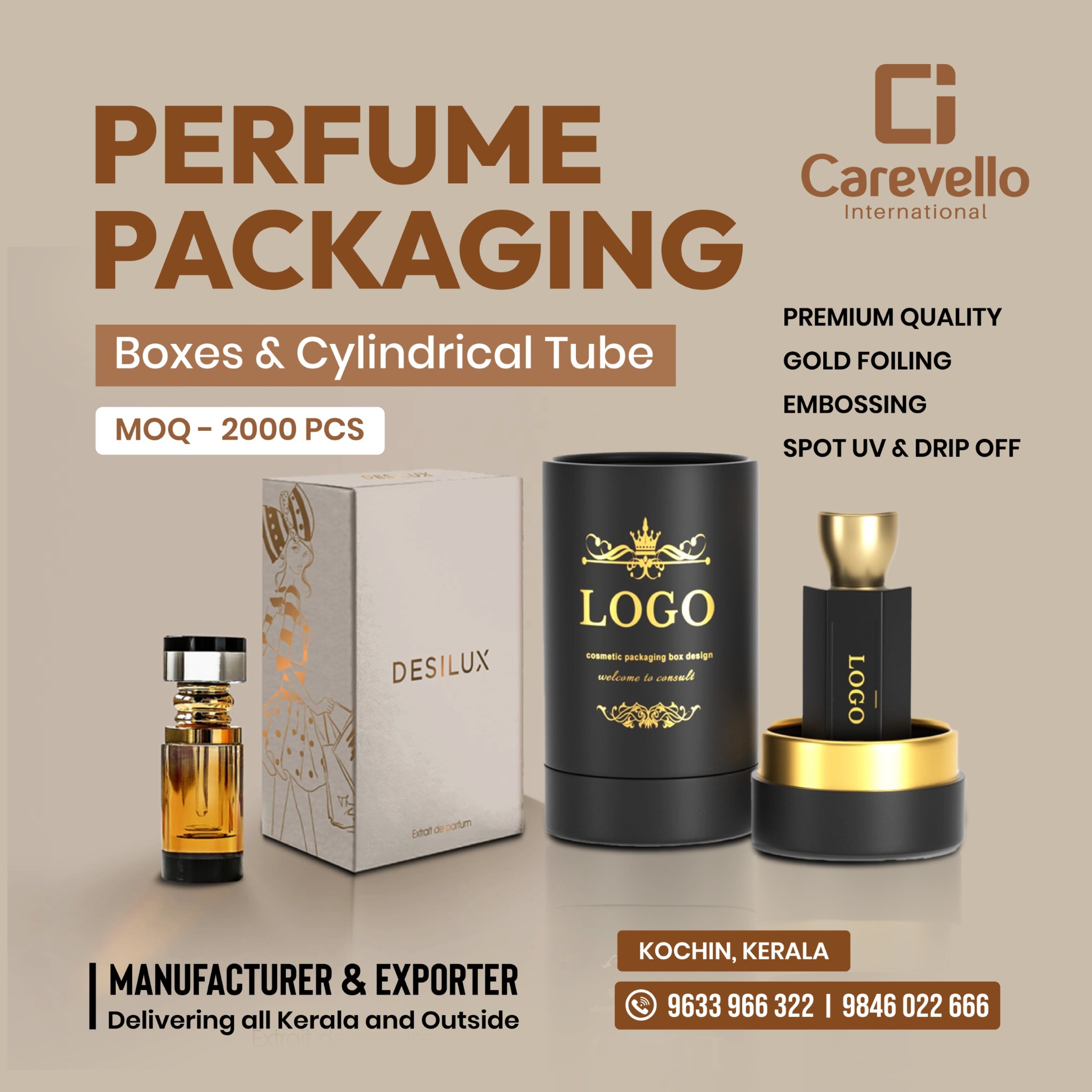 Carevello International Facebook ad: Custom Luxury Perfume Packaging, Boxes & Tubes